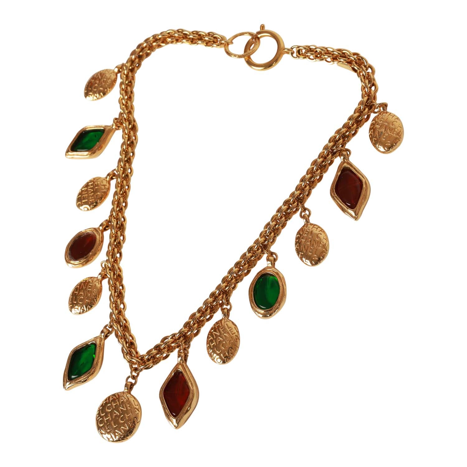 Vintage Chanel 24K Gold Plated Ruby and Emerald Gripoix Choker Necklace