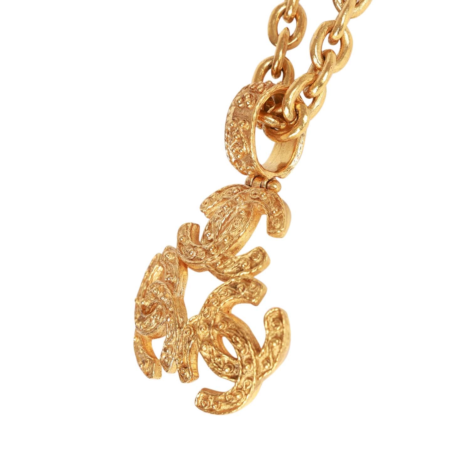 Vintage Chanel 24K Gold Plated Triple Interlocking CC Pendant Necklace
