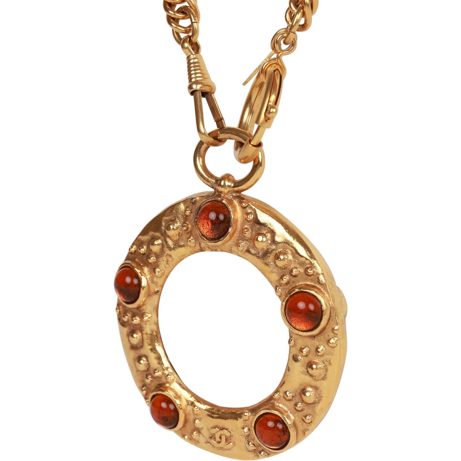 Vintage Chanel 24K Gold Plated Amber Gripoix Loupe Pendant Necklace