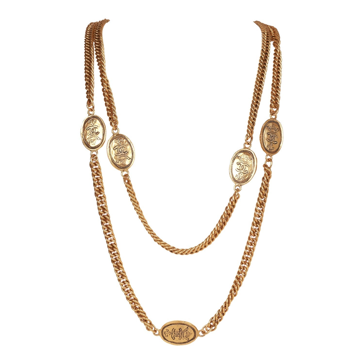 Vintage Chanel 24K Gold Plated CC Oval Coin Charm Sautoir Necklace