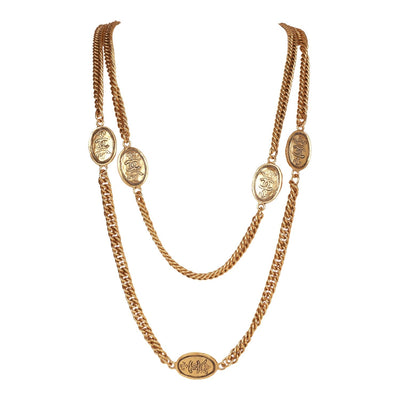 Vintage Chanel 24K Gold Plated CC Oval Coin Charm Sautoir Necklace