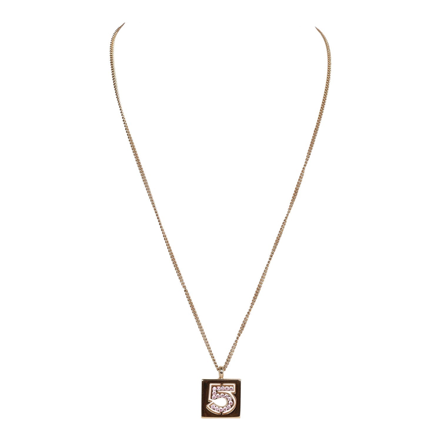 Vintage Chanel 24K Gold Plated Pink No.5 Rhinestone Pendant Necklace