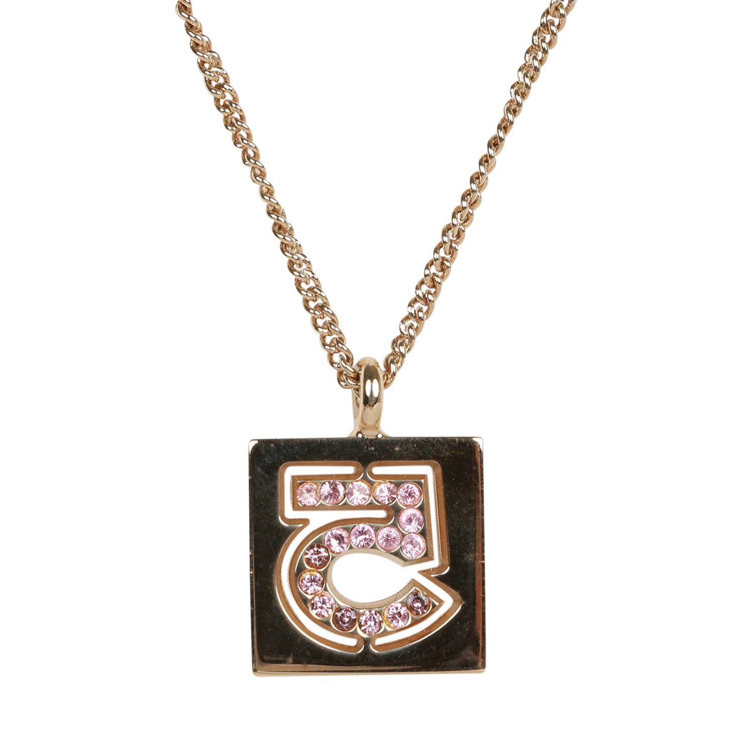 Vintage Chanel 24K Gold Plated Pink No.5 Rhinestone Pendant Necklace