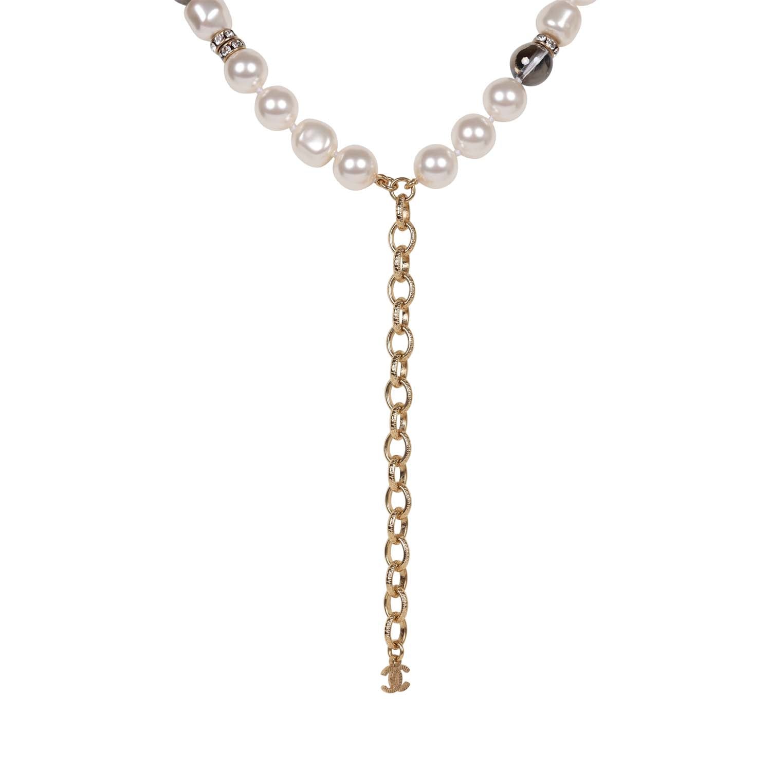 Chanel Layered Pearl, Gripoix, and Strass Gold Metal Fish Head Logo Necklace