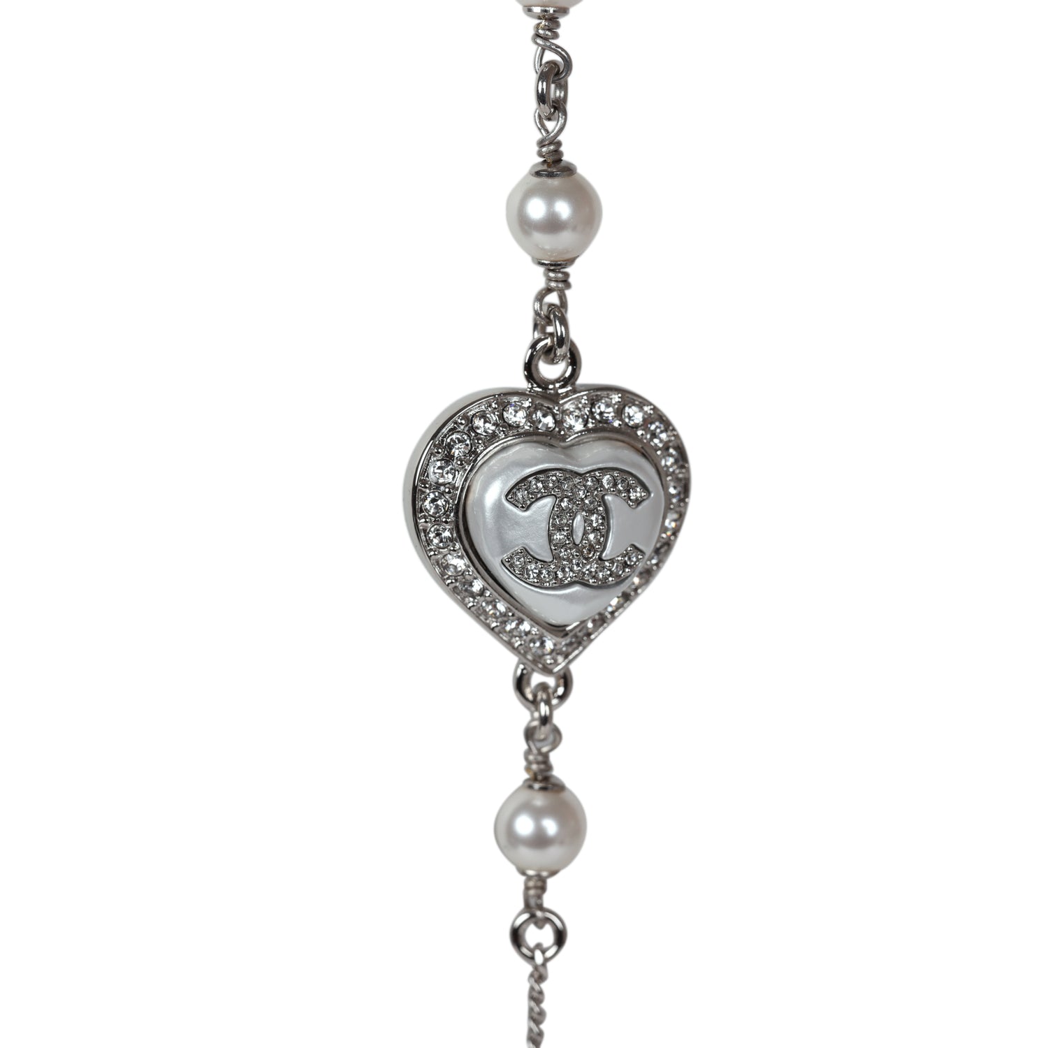 Chanel Silver Metal, White Strass, and White Pearl Logo and Hearts Sautoir Necklace