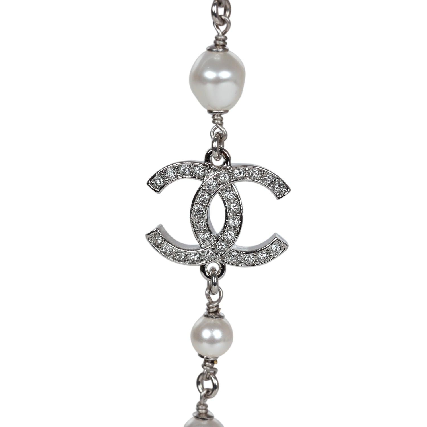Chanel Silver Metal, White Strass, and White Pearl Logo and Hearts Sautoir Necklace