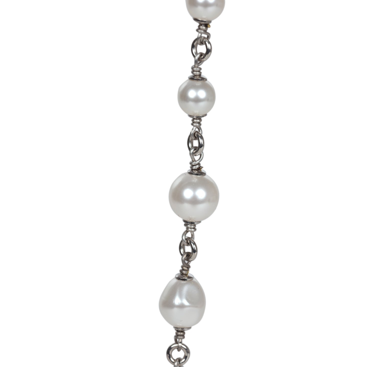 Chanel Silver Metal, White Strass, and White Pearl Logo and Hearts Sautoir Necklace
