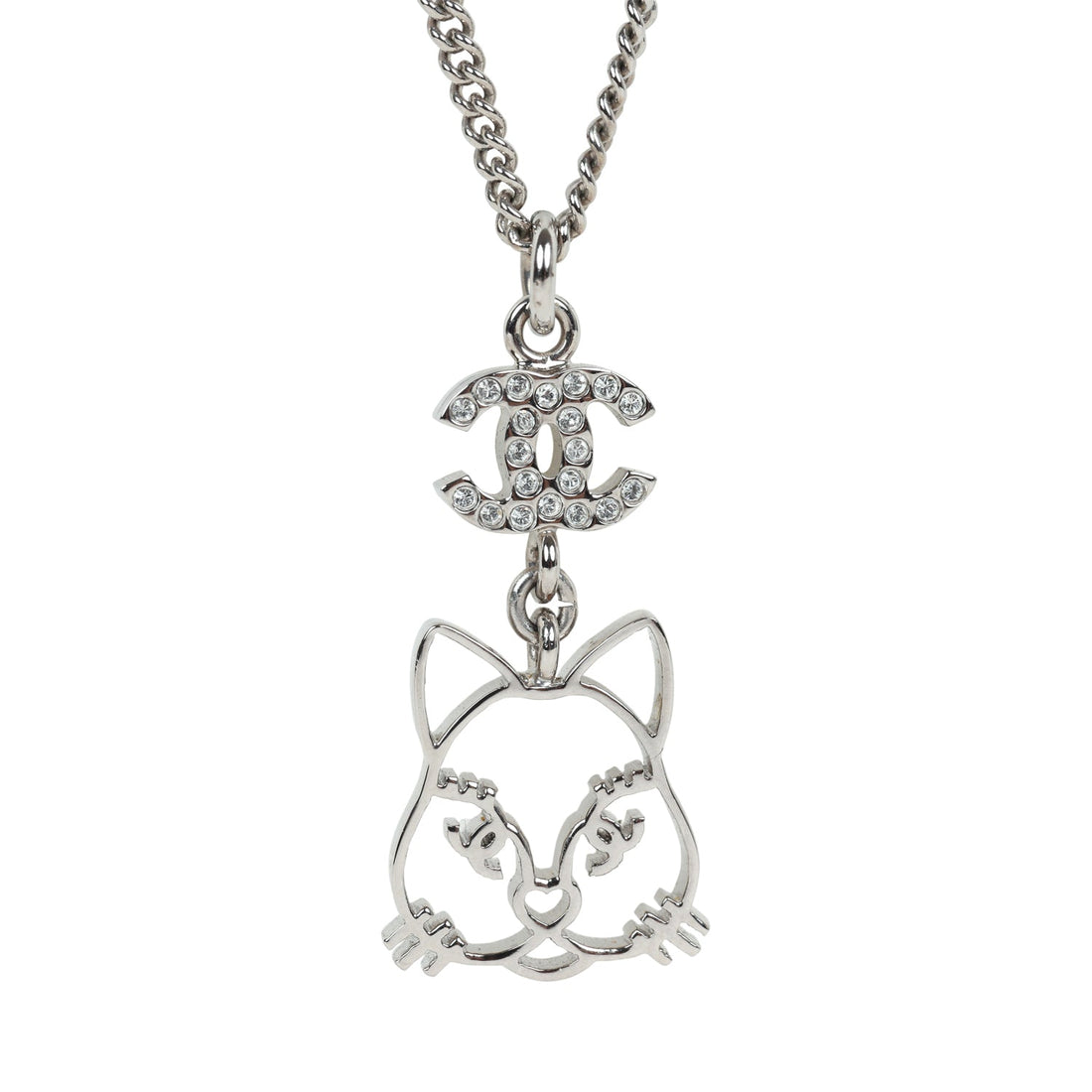 Chanel Silver CC Crystal Choupette Cat Emoji Pendant Necklace