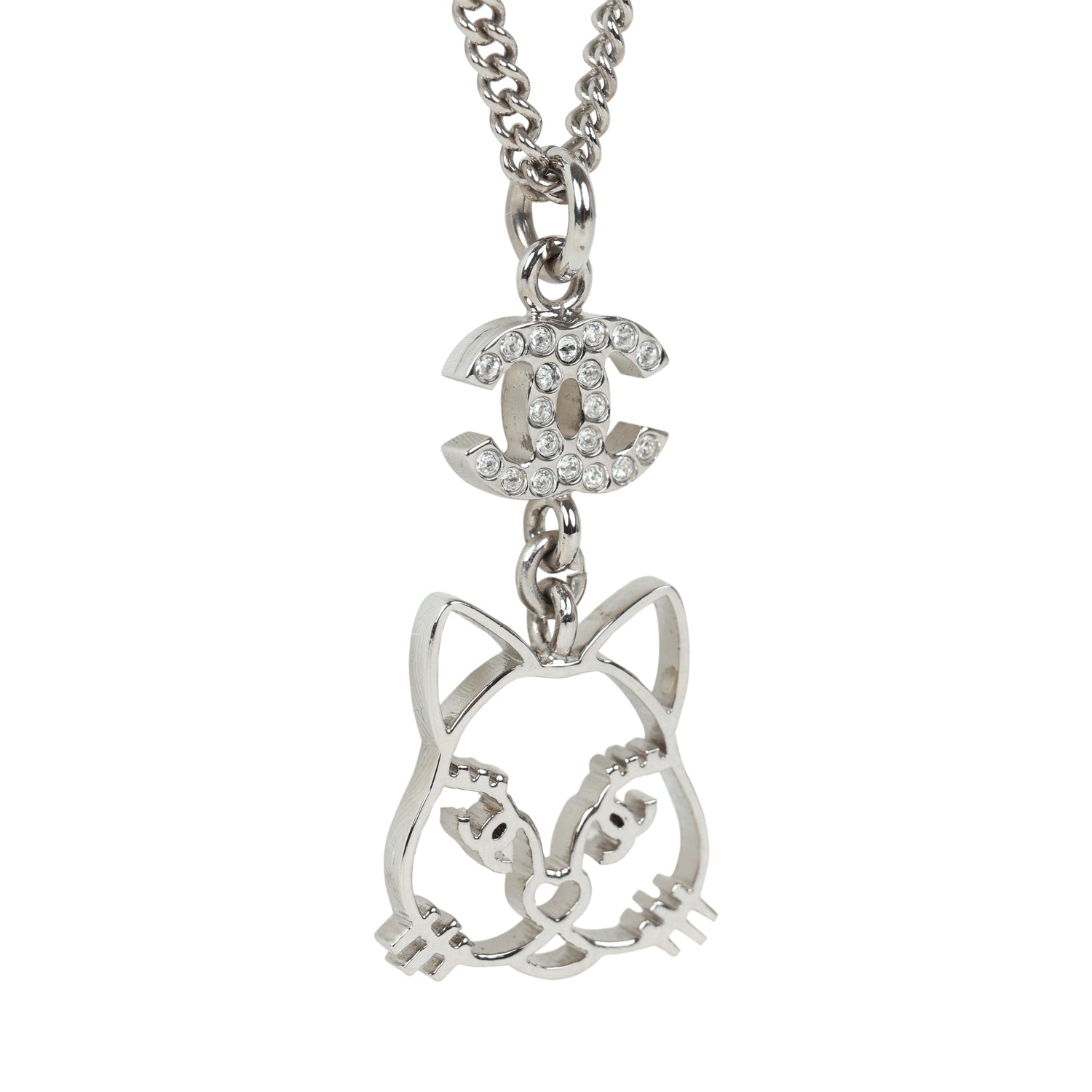 Chanel Silver CC Crystal Choupette Cat Emoji Pendant Necklace