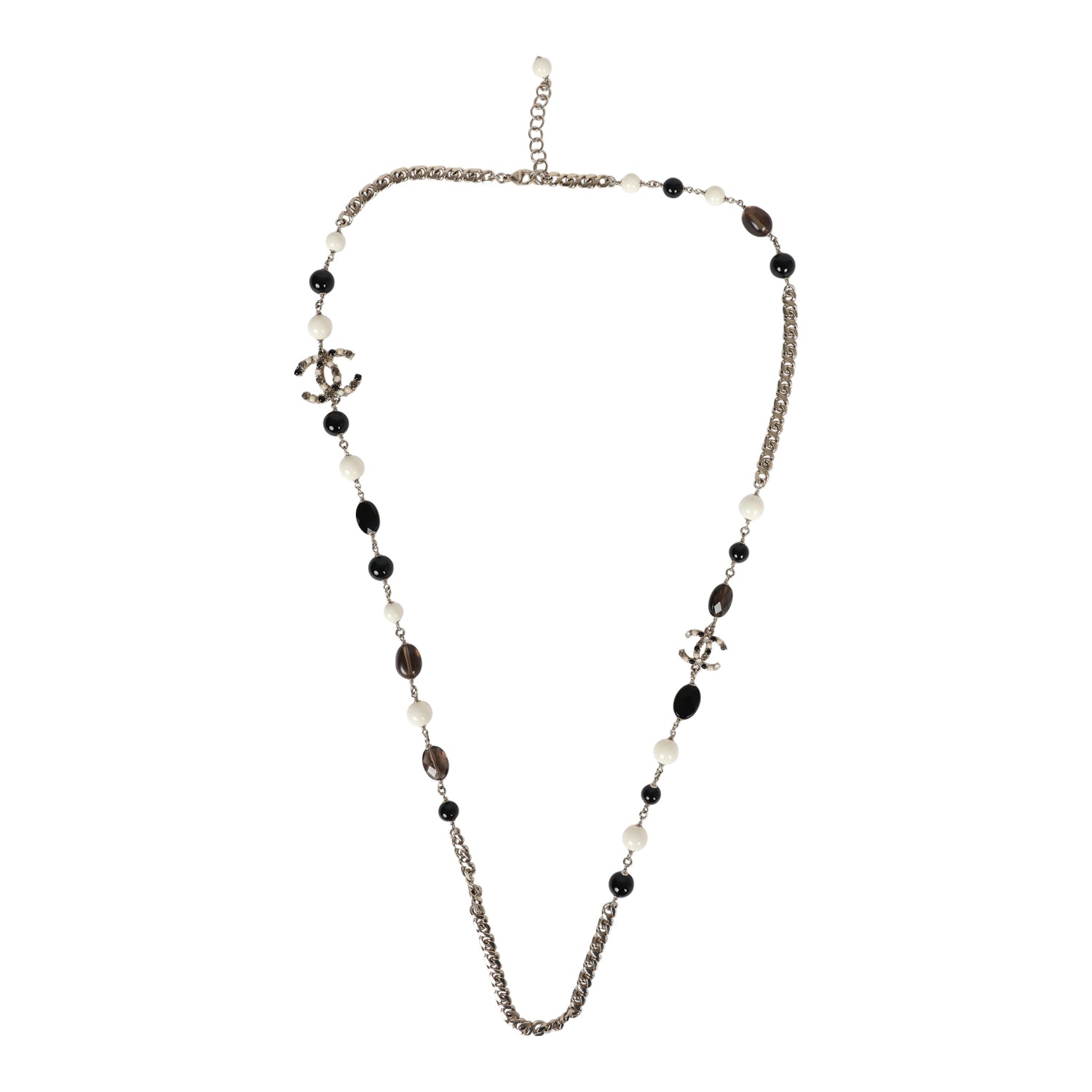 Chanel CC Long Beaded Necklace White/Black/Grey Light Gold Hardware