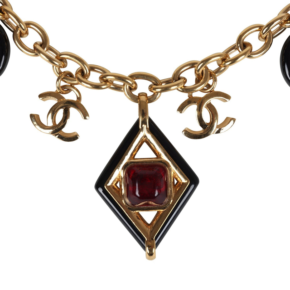 Chanel Hearts Charm Necklace Black/Pink Enamel/Gripoix Gold Tone Hardware