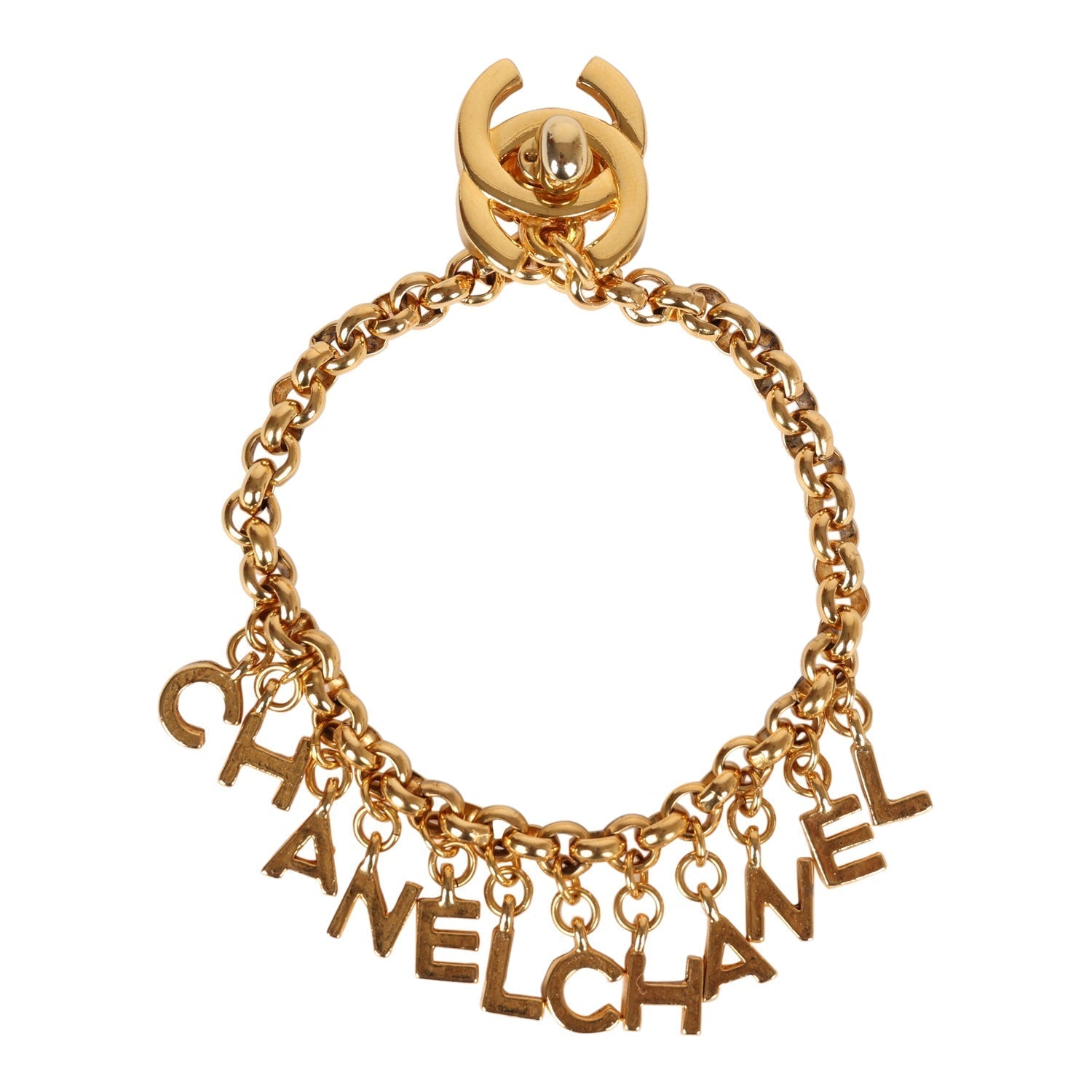 Vintage Chanel 24K Gold Plated "Chanel" Logo Charms Turnlock Bracelet