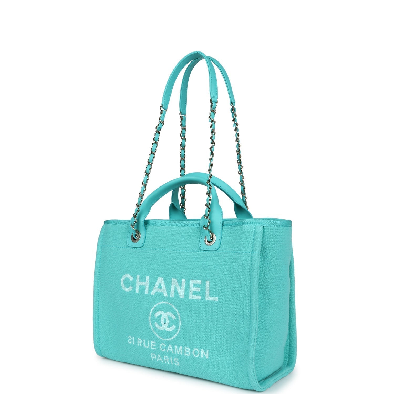 Chanel Small Deauville Shopping Tote Turquoise Canvas Light Gold Hardware
