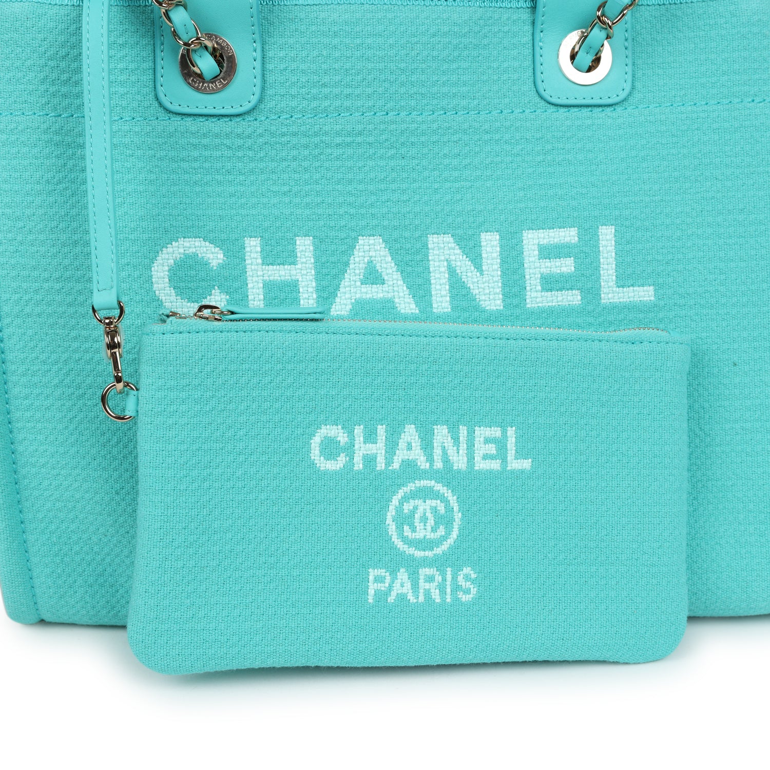 Chanel Small Deauville Shopping Tote Turquoise Canvas Light Gold Hardware