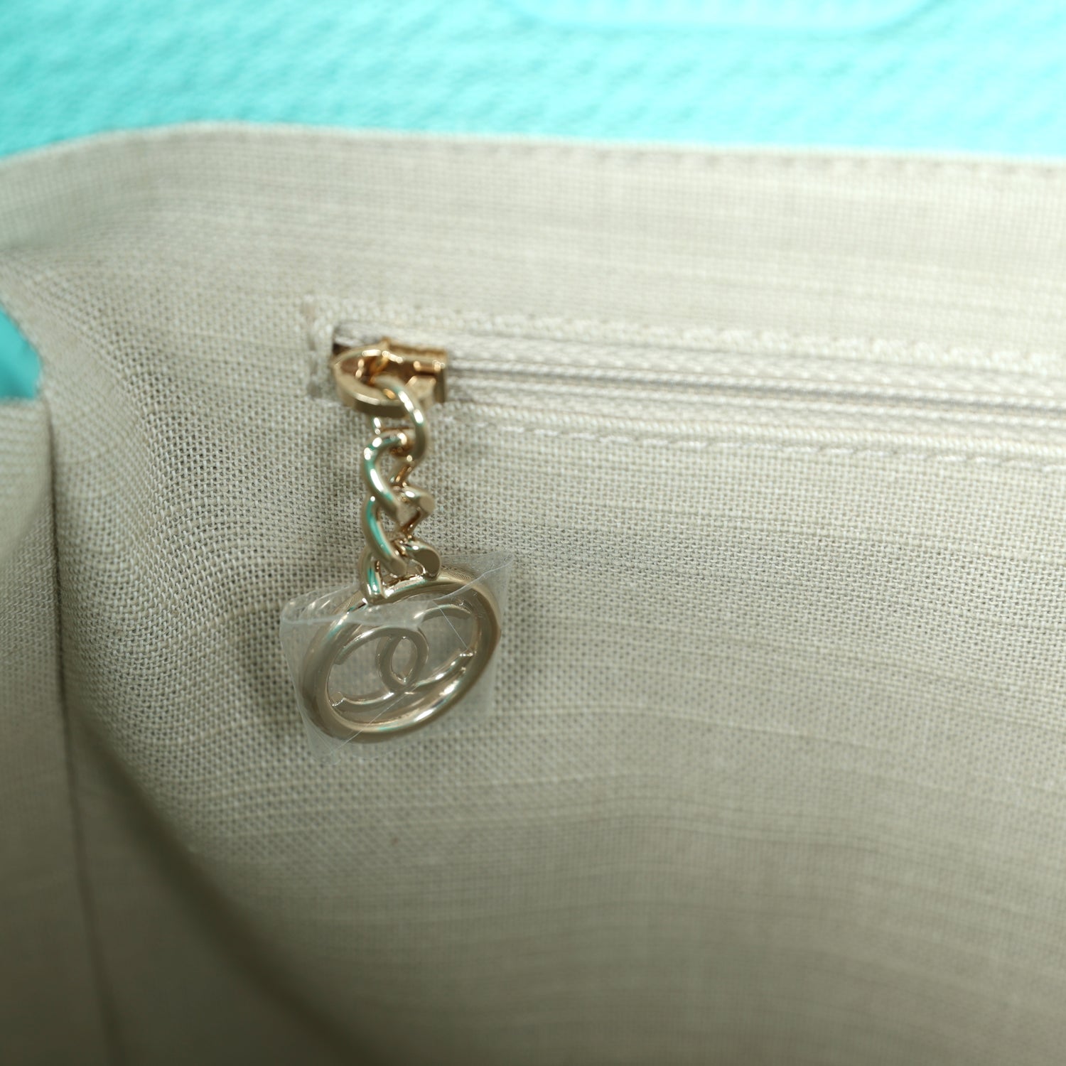 Chanel Small Deauville Shopping Tote Turquoise Canvas Light Gold Hardware