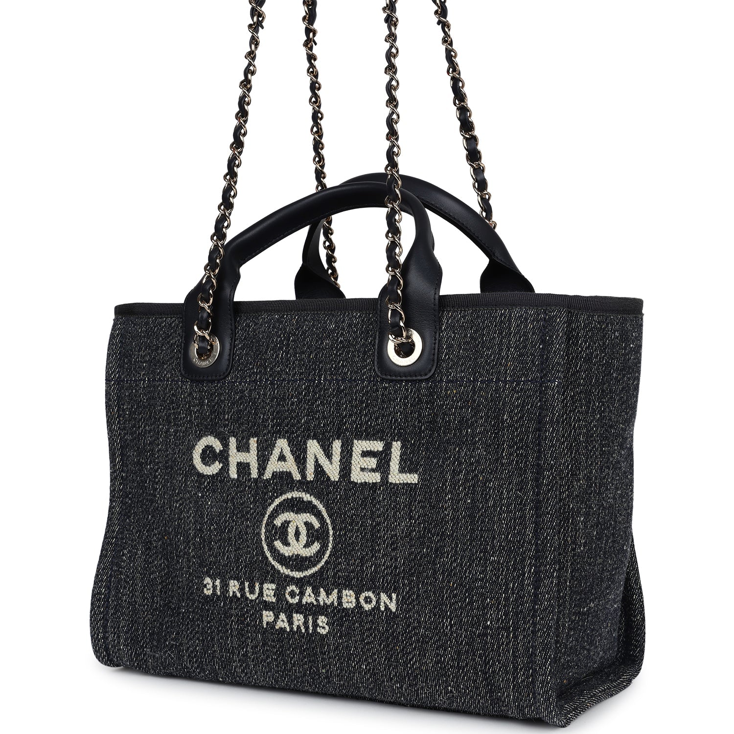 Chanel Small Deauville Shopping Tote Dark Blue Denim Light Gold Hardware
