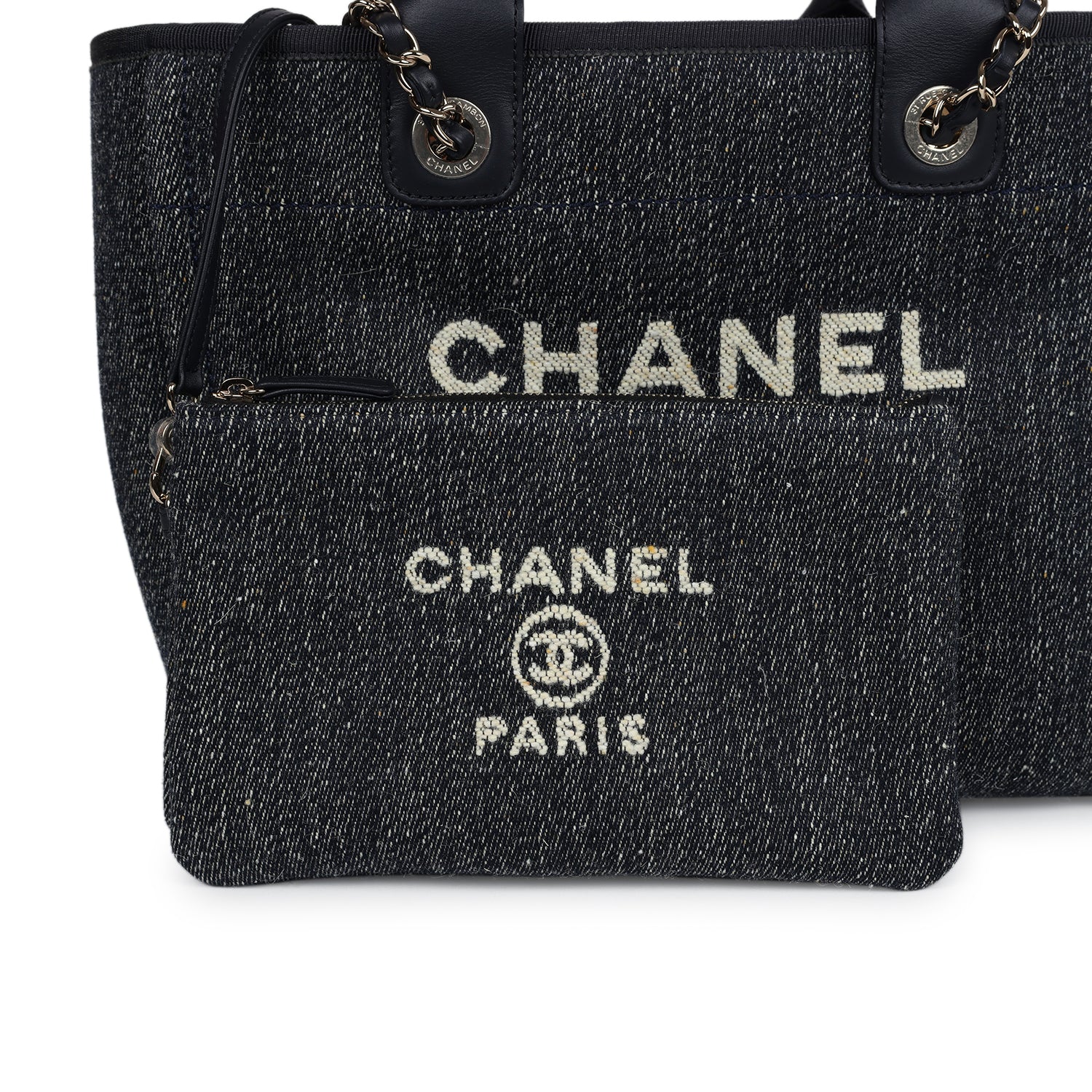 Chanel Small Deauville Shopping Tote Dark Blue Denim Light Gold Hardware