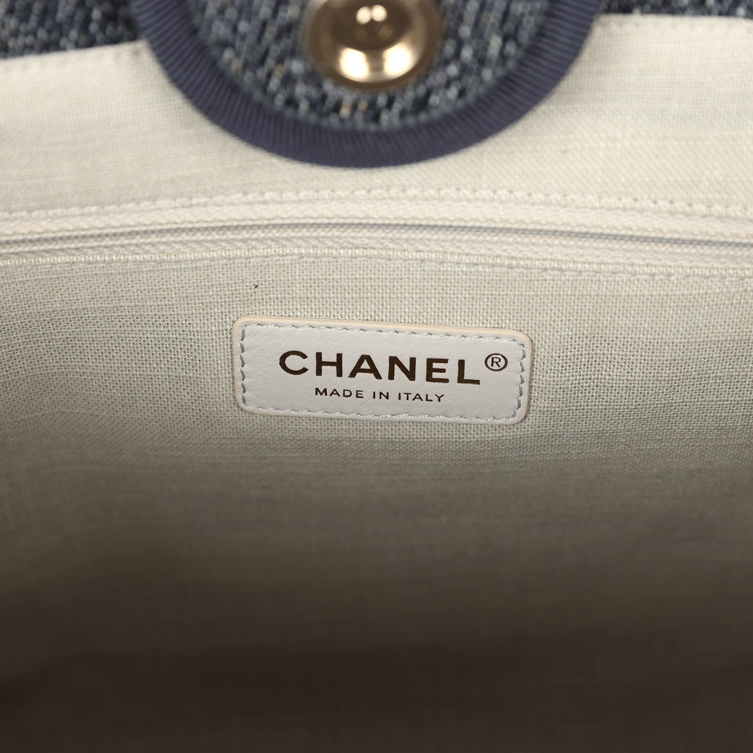 Chanel Small Deauville Shopping Tote Dark Blue Denim Light Gold Hardware