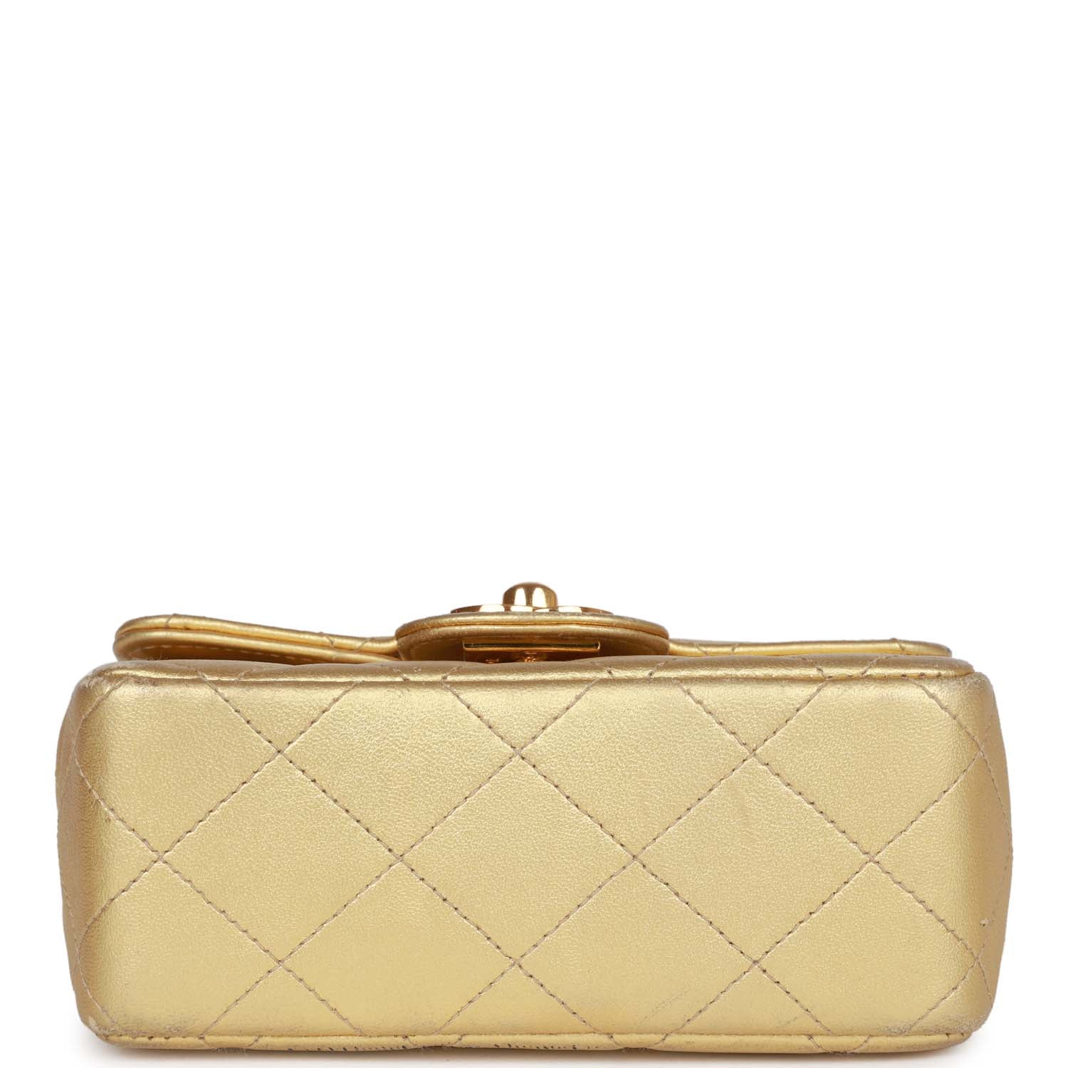 Vintage Chanel Mini Top Handle Kelly Child Flap Bag Gold Metallic Lambskin Gold Hardware