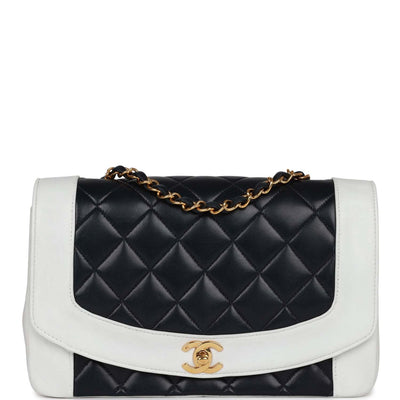 Vintage Chanel Small Diana Flap Bag White and Navy Lambskin Gold Hardware