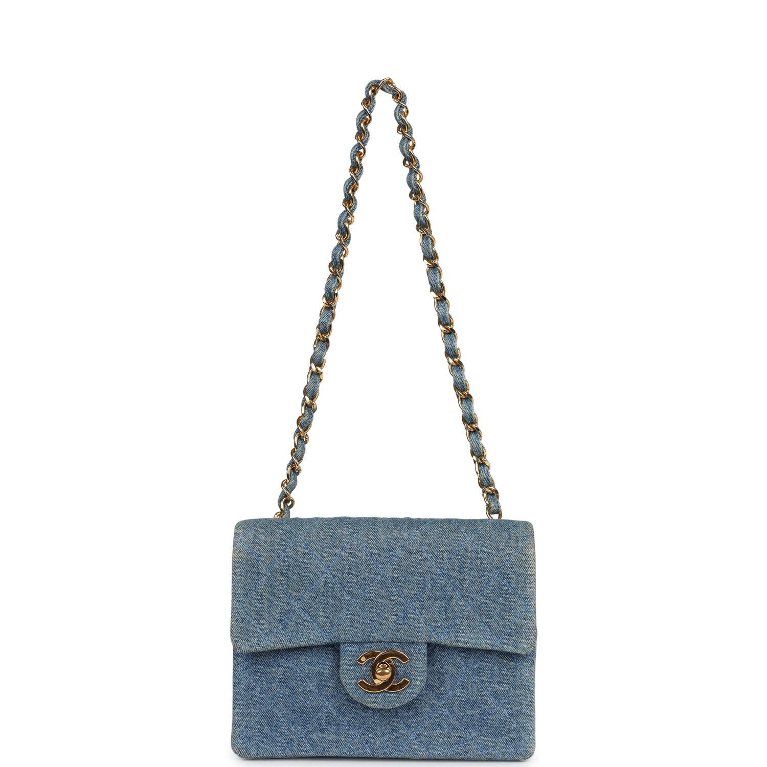 Vintage Chanel Mini Square Flap Bag Blue Denim Gold Hardware