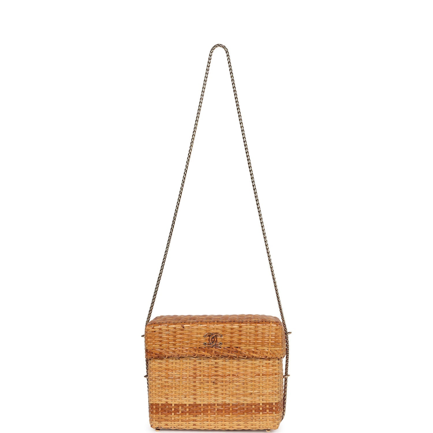 Vintage Chanel Small Picnic Basket Bag Natural Wicker Gold Hardware