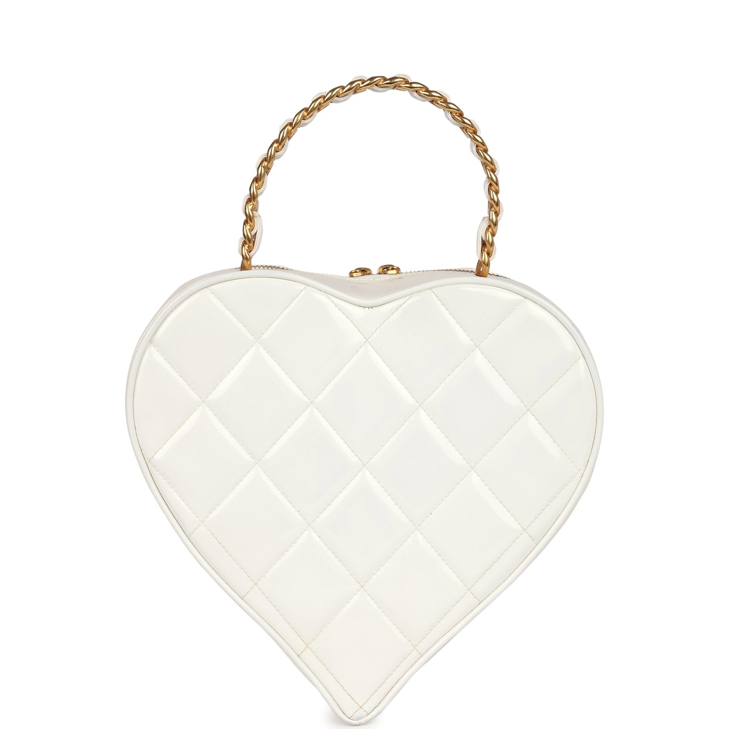 Vintage Chanel Heart Vanity Bag White and Black Patent Antique Gold Hardware