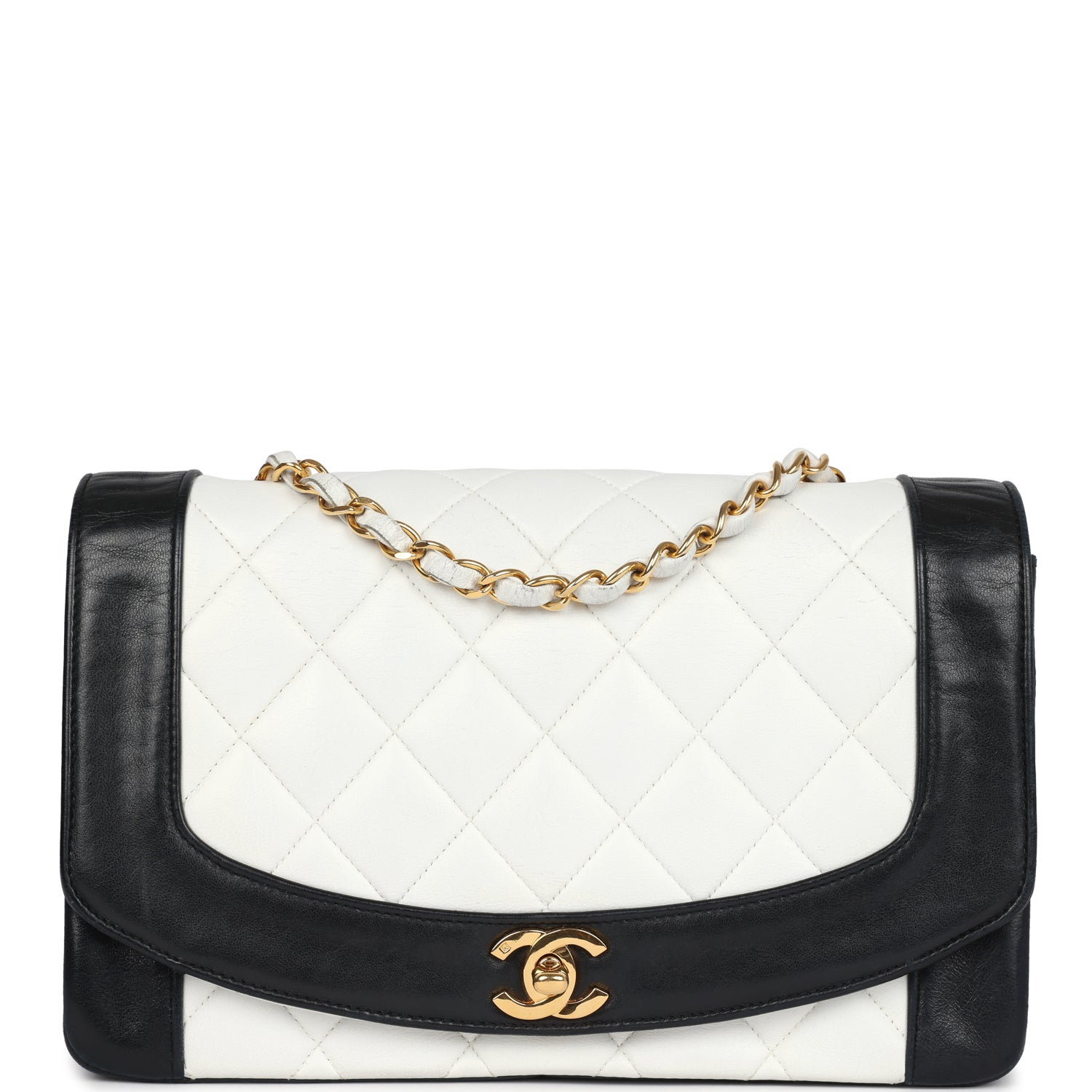 Vintage Chanel Medium Diana Flap Bag White and Black Lambskin Gold Hardware