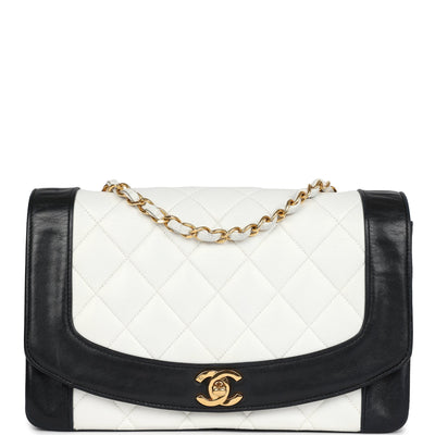 Vintage Chanel Medium Diana Flap Bag White and Black Lambskin Gold Hardware