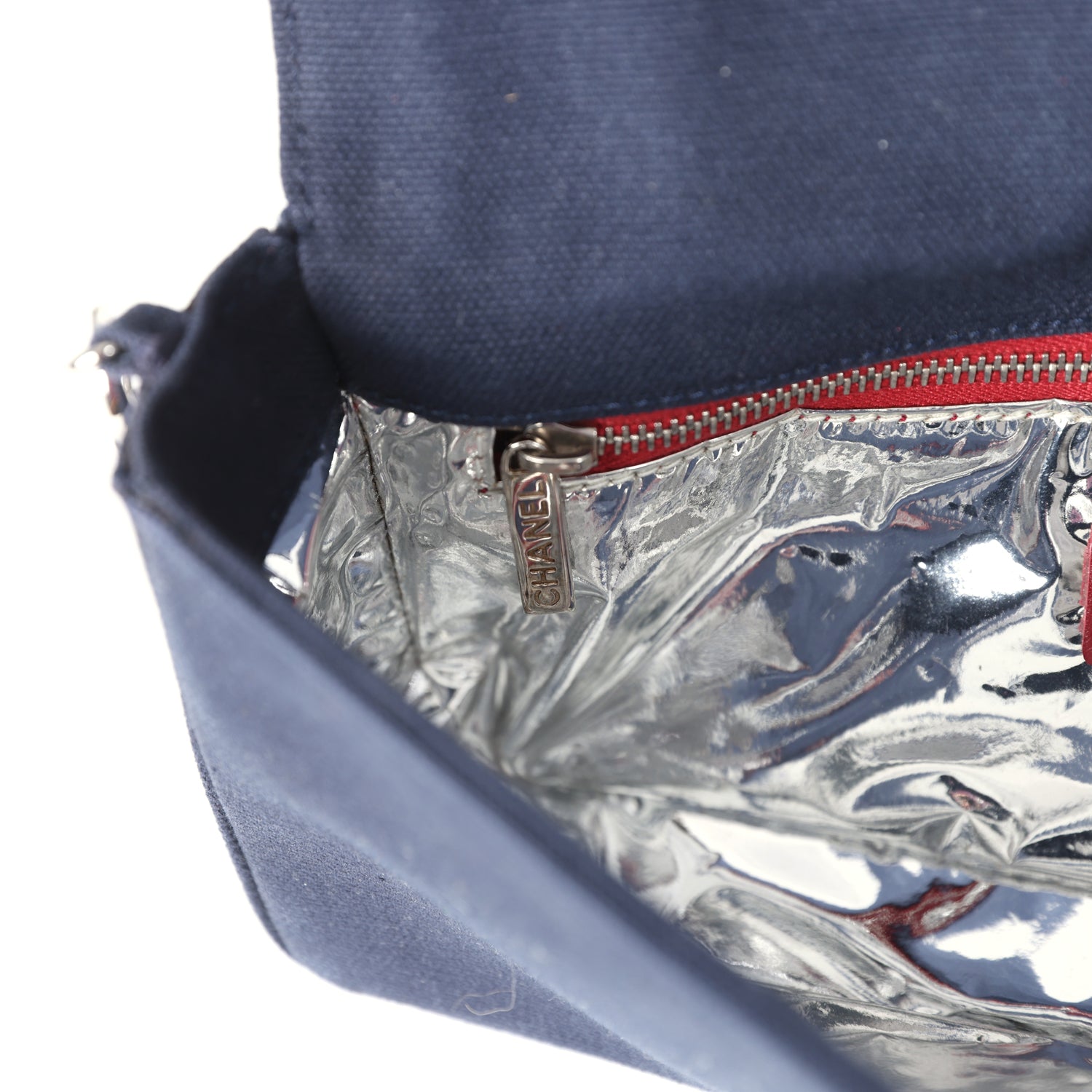 Vintage Chanel N0.5 Chain Shoulder Bag Navy, Silver, Red Canvas Silver Hardware