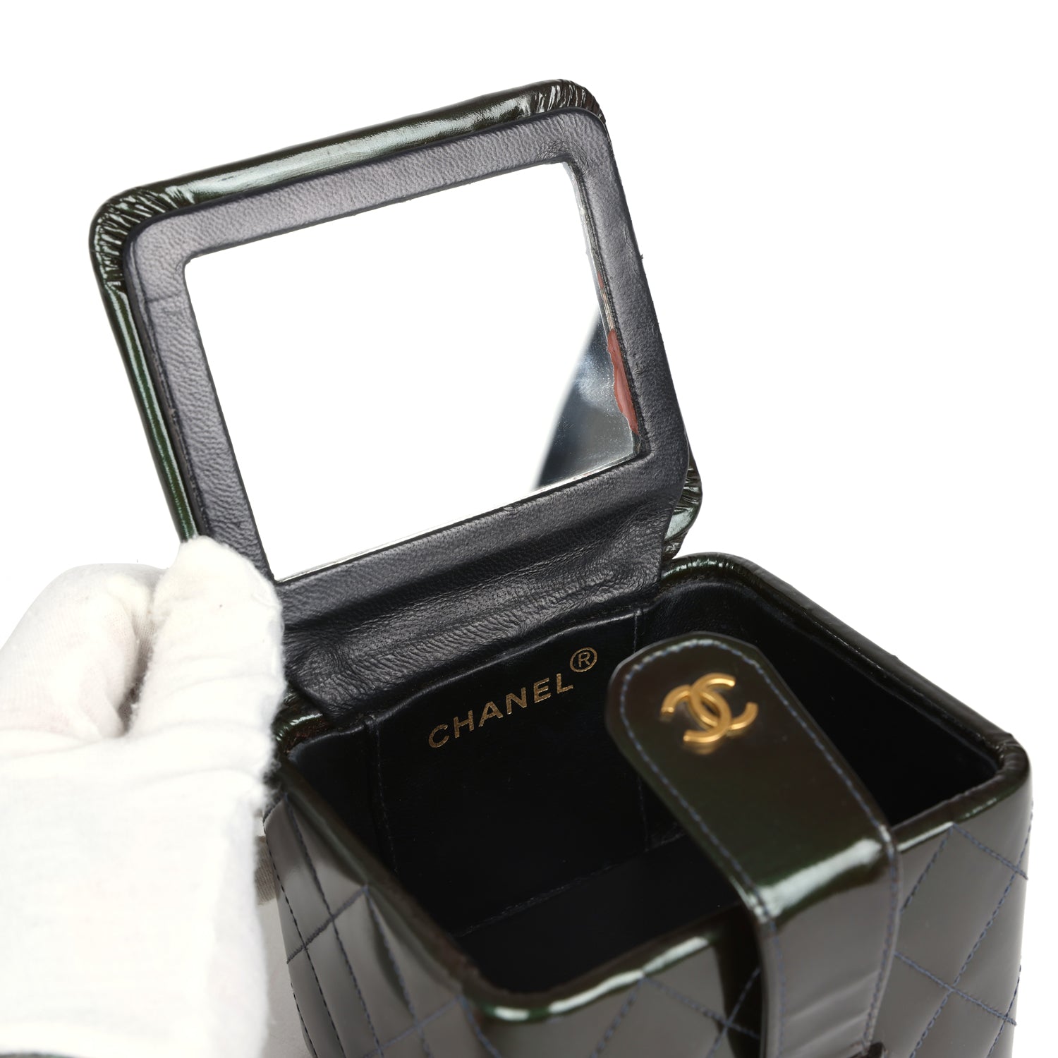Vintage Chanel Mini Square Vanity Green Patent Antique Gold Hardware