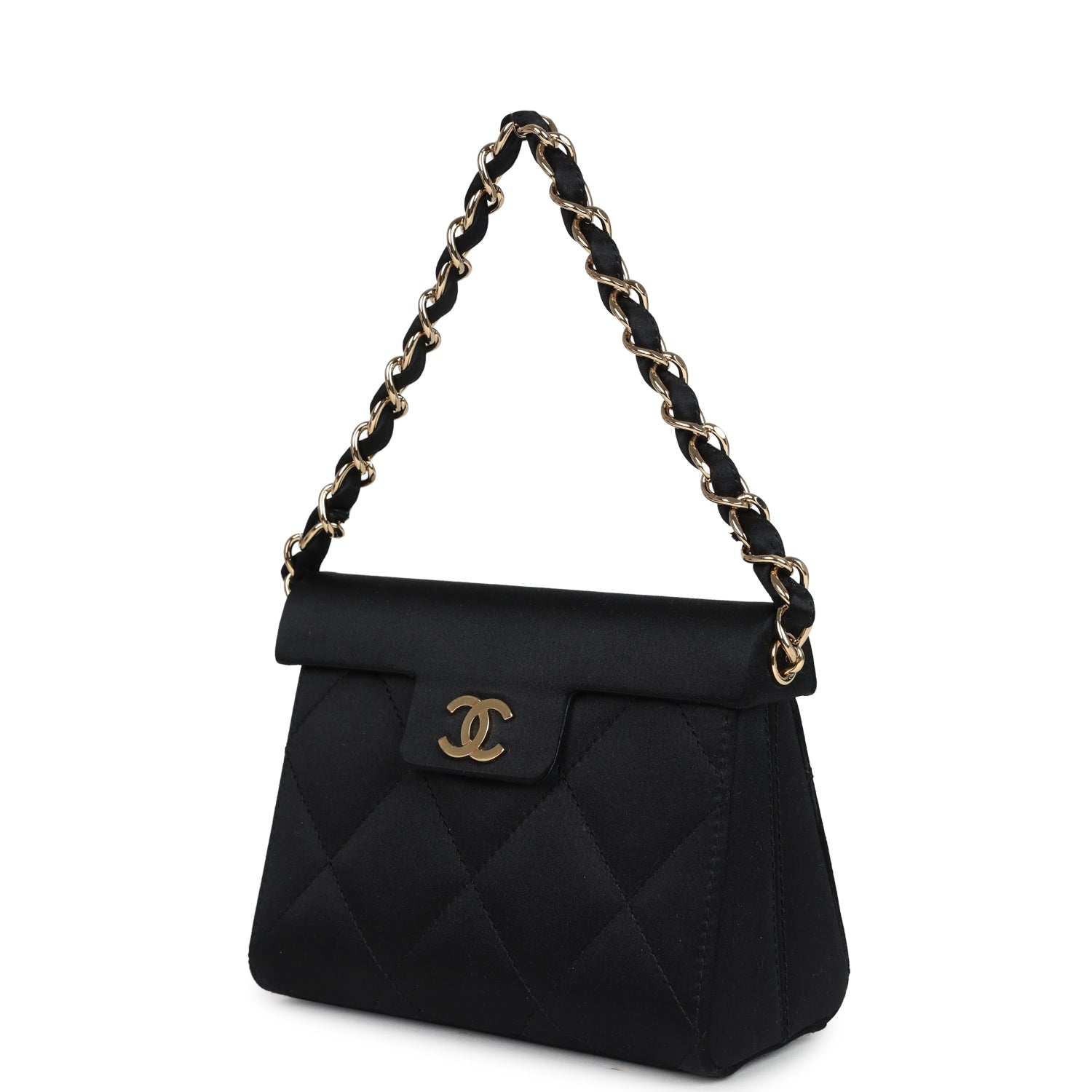 Vintage Chanel Mini Evening Handbag Bag Black Satin Gold Hardware