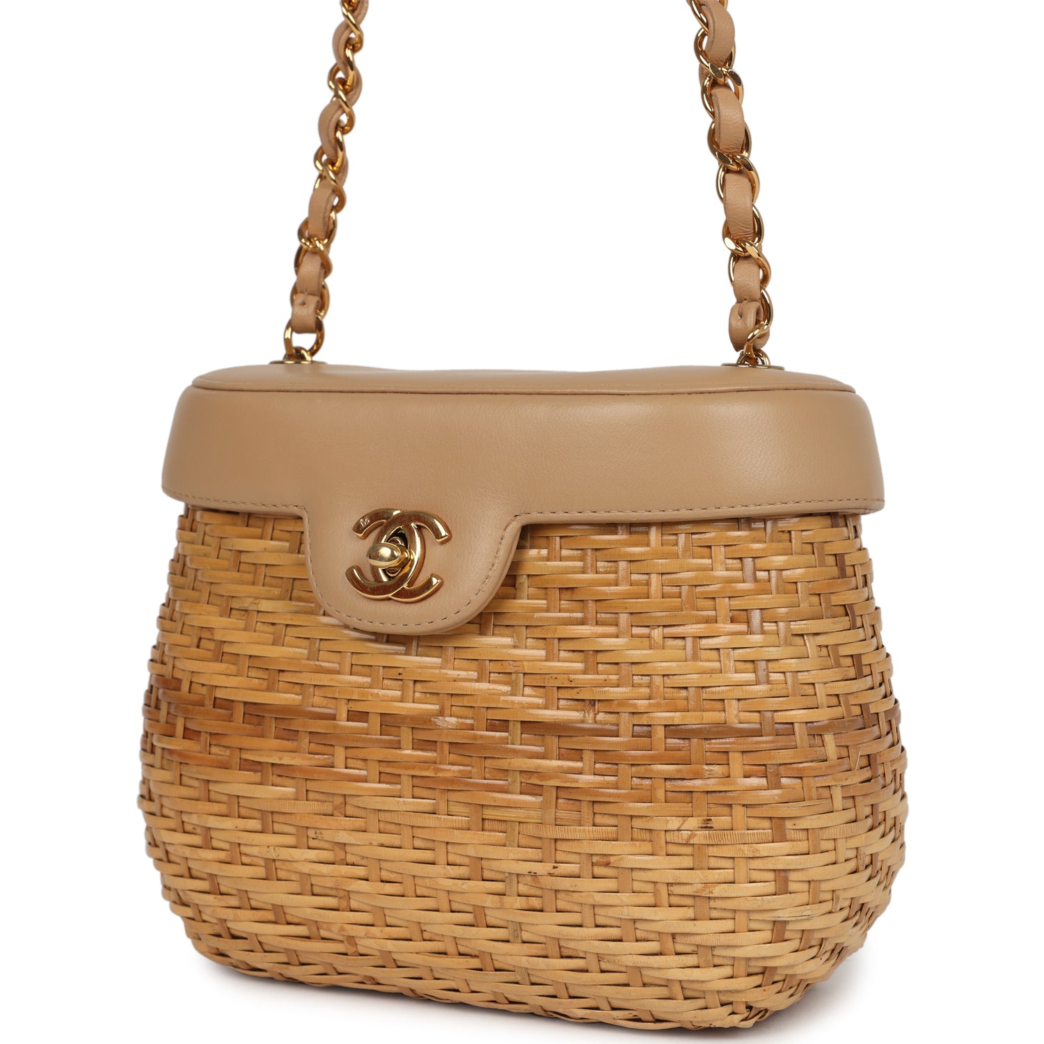 Vintage Chanel Basket Bag Beige Lambskin and Rattan Wicker Gold Hardware