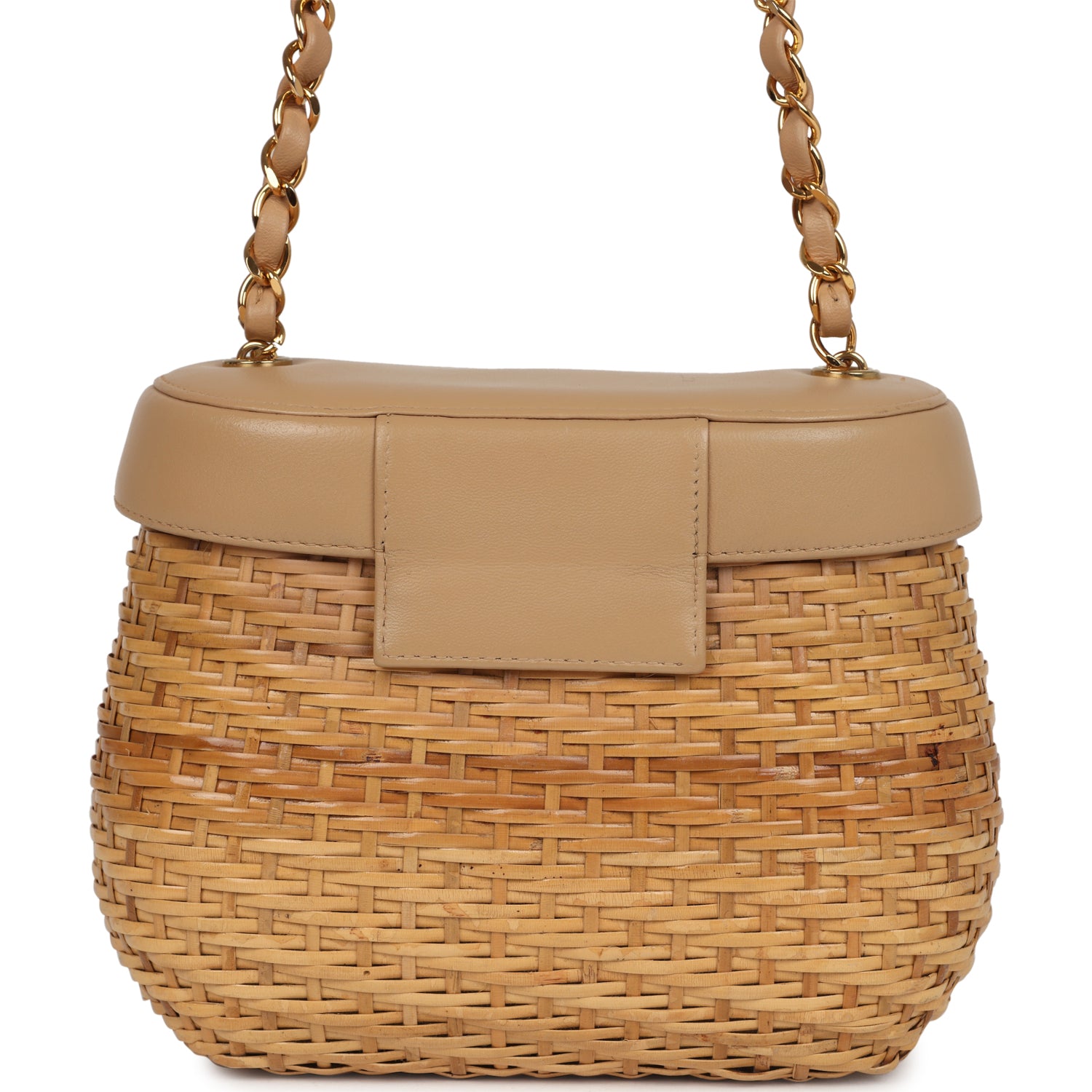 Vintage Chanel Basket Bag Beige Lambskin and Rattan Wicker Gold Hardware