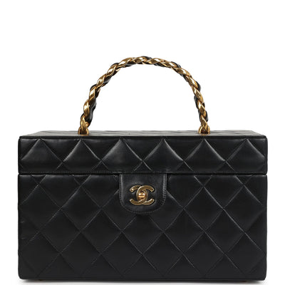 Vintage Chanel Large Rectangular Box Vanity Black Lambskin Gold Hardware