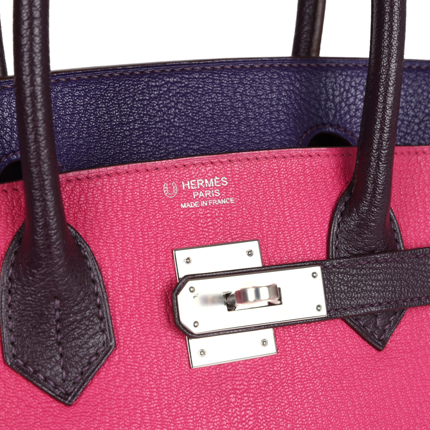 Pre-owned Hermes Special Order (HSS) Birkin 30 Tri-color Raisin, Ultraviolet and Rose Shocking Chevre Palladium Hardware