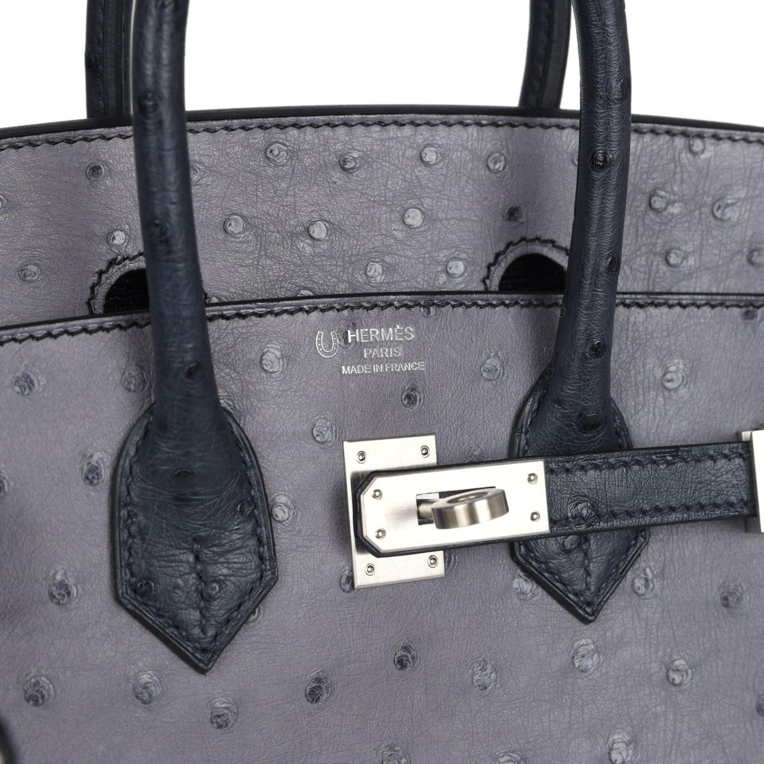 Pre-owned Hermes Special Order (HSS) Birkin 25 Gris Agate and Bleu Indigo Ostrich Brushed Palladium Hardware
