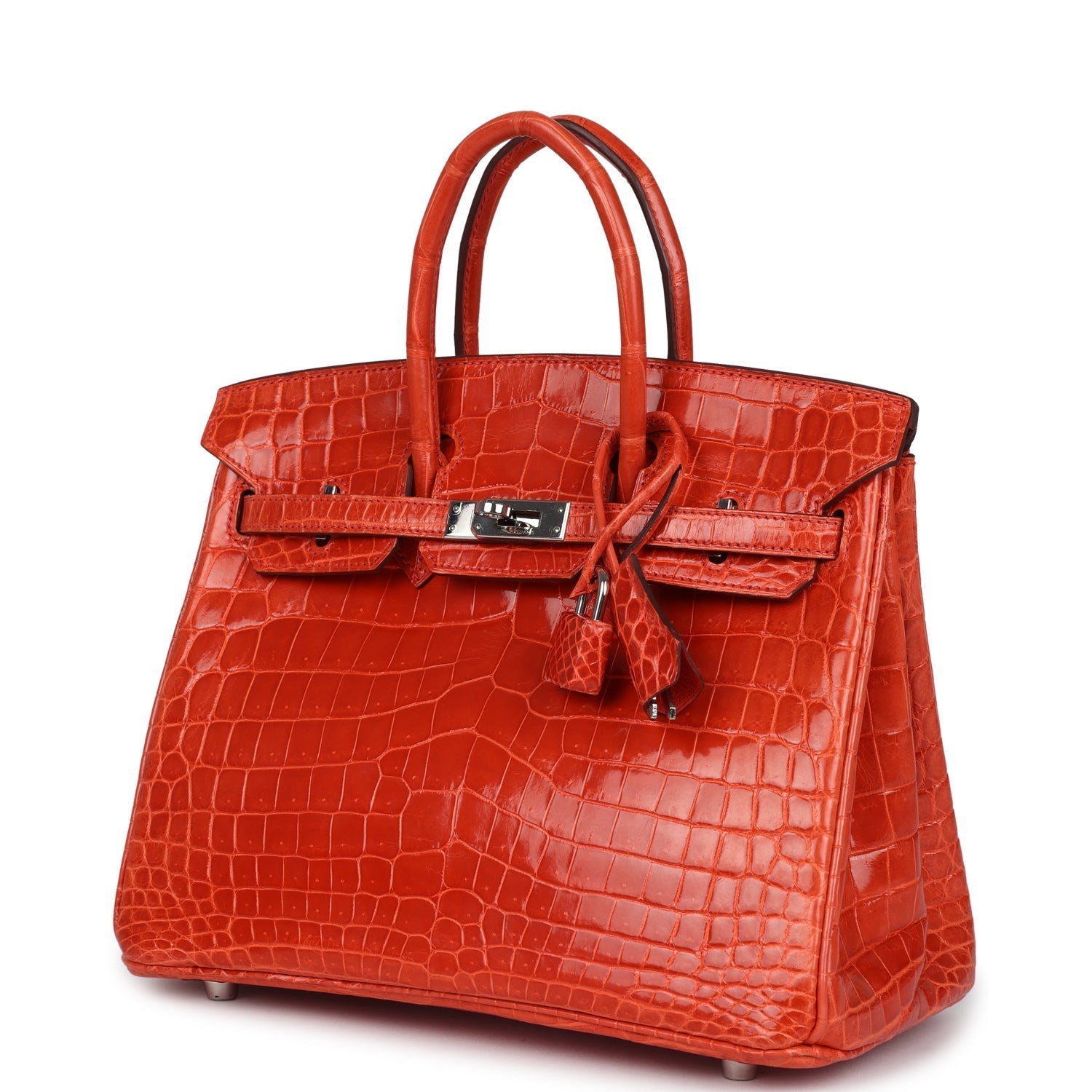 Pre-owned Hermes Birkin 25 Orange Poppy Shiny Niloticus Crocodile Palladium Hardware
