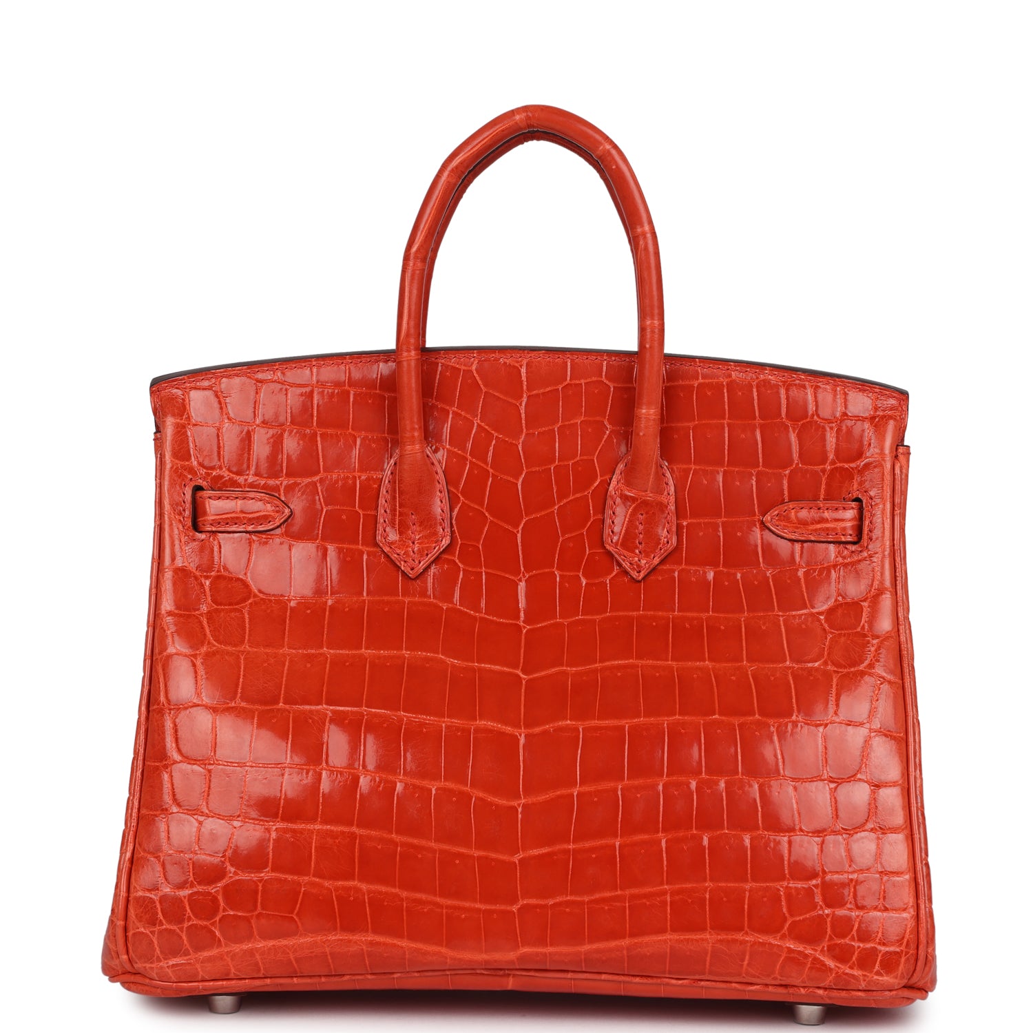 Pre-owned Hermes Birkin 25 Orange Poppy Shiny Niloticus Crocodile Palladium Hardware