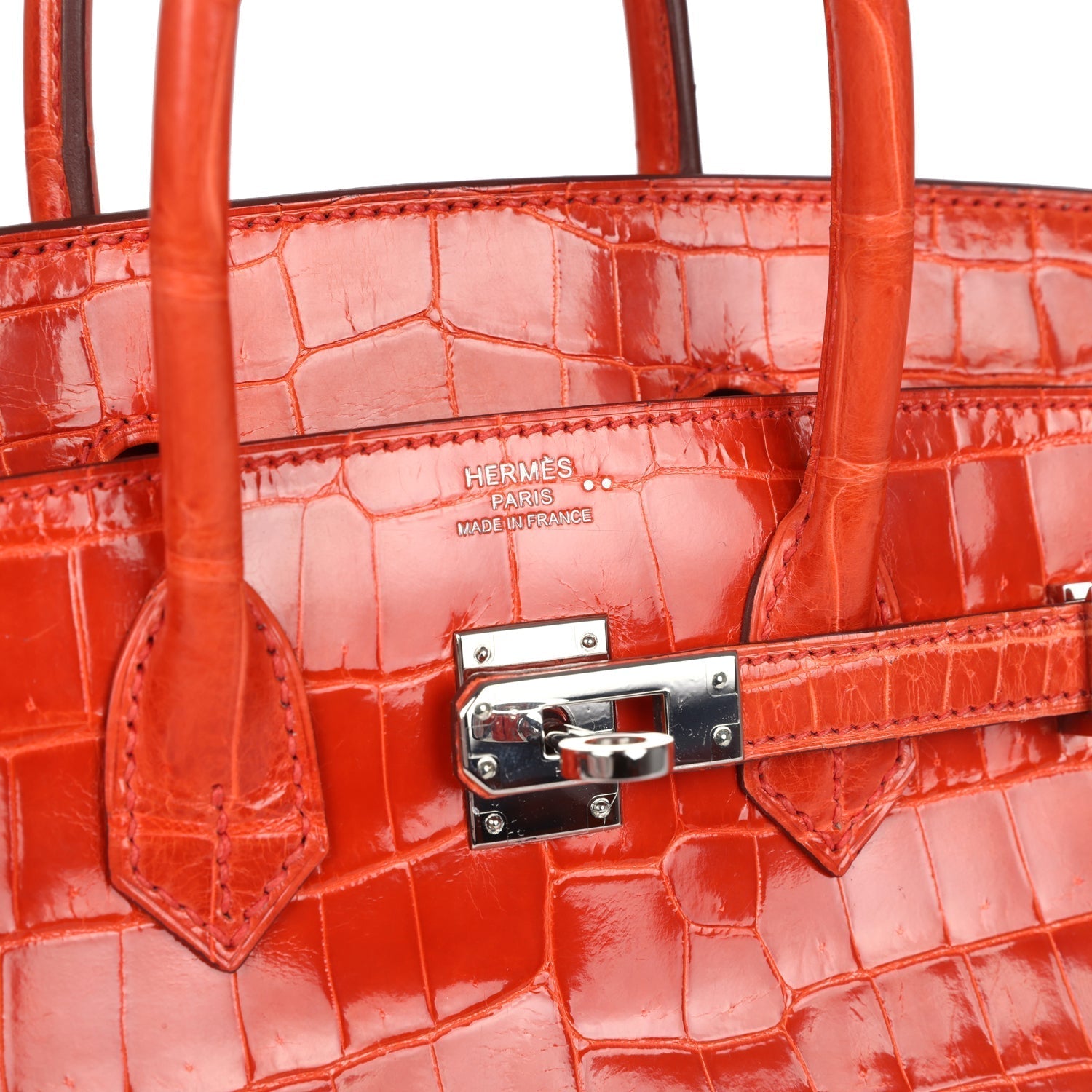 Pre-owned Hermes Birkin 25 Orange Poppy Shiny Niloticus Crocodile Palladium Hardware