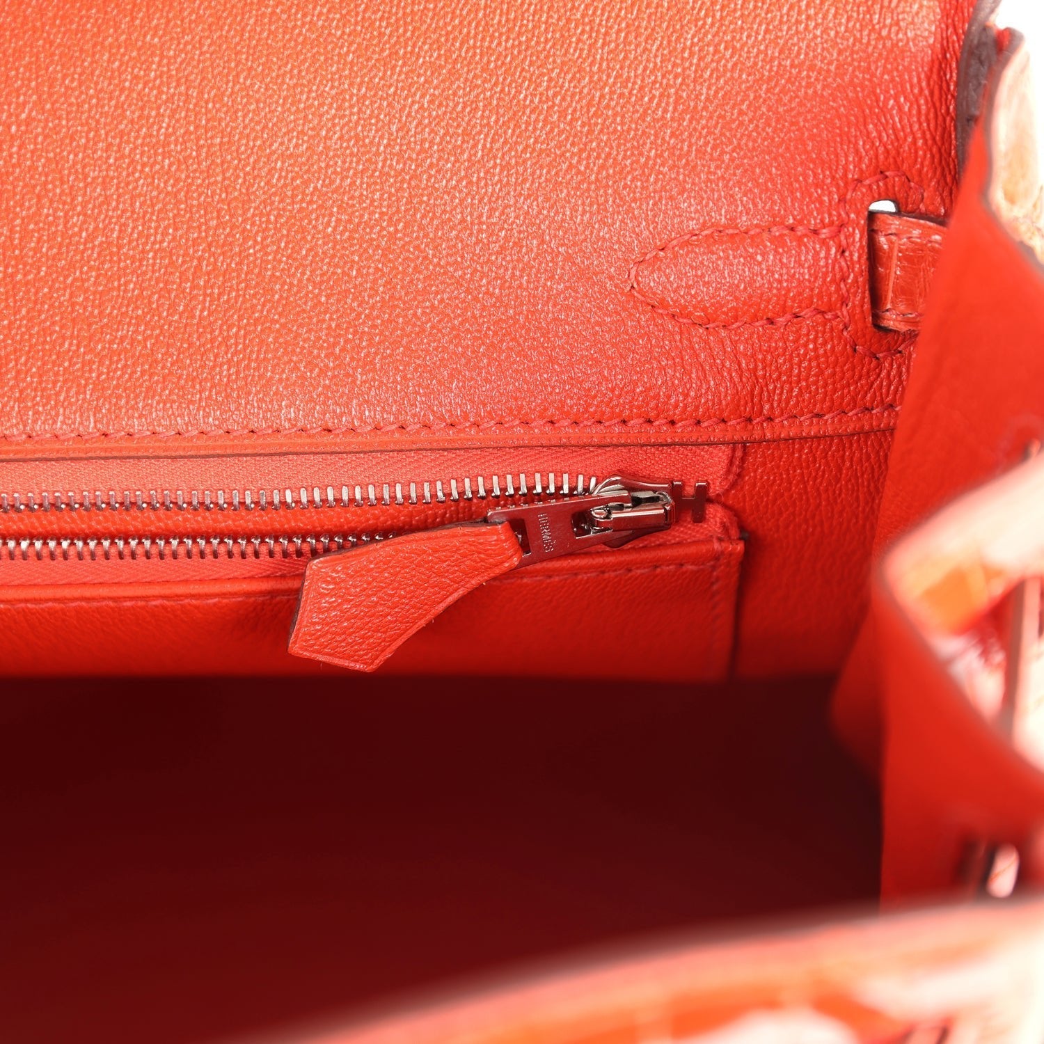 Pre-owned Hermes Birkin 25 Orange Poppy Shiny Niloticus Crocodile Palladium Hardware