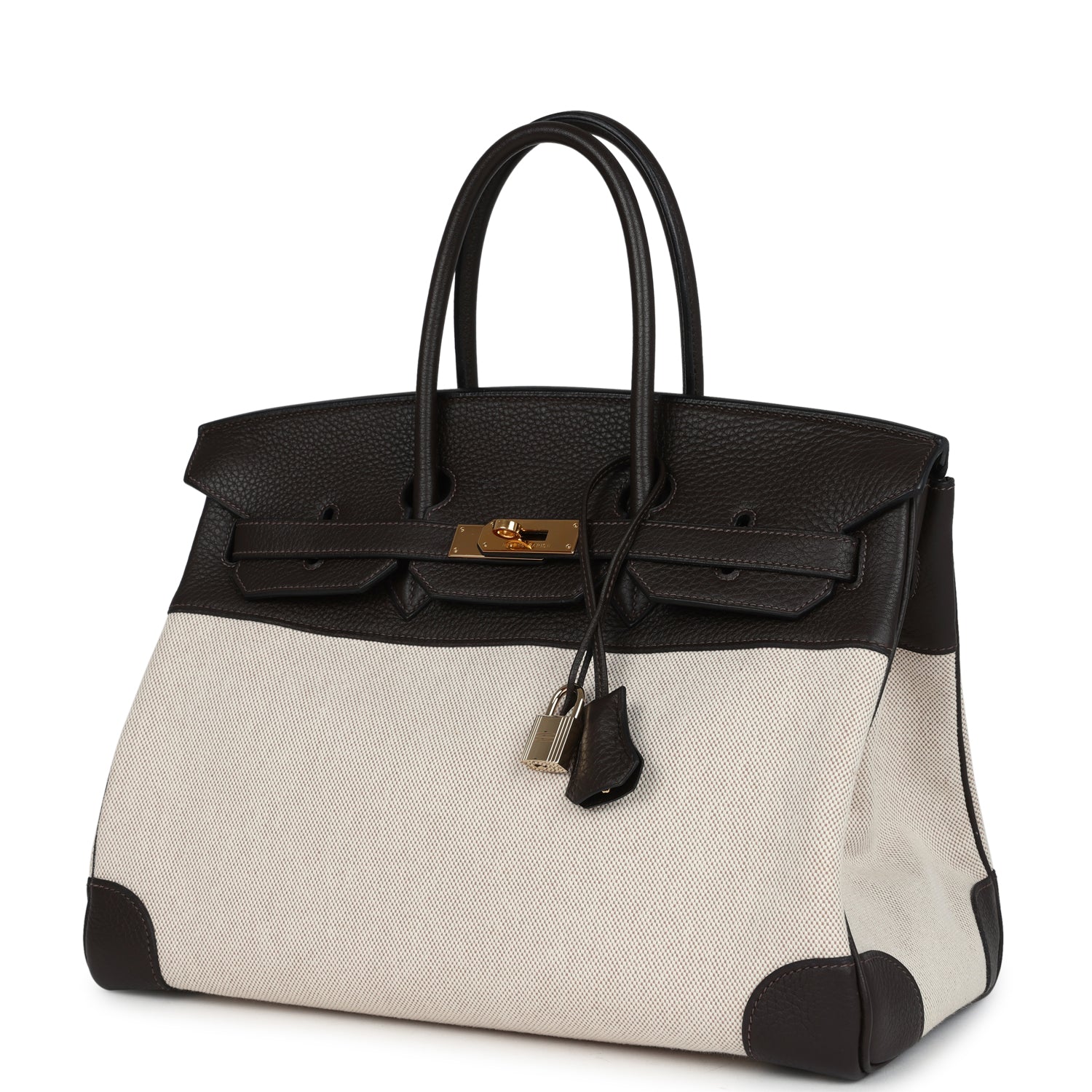 Pre-owned Hermes Birkin 35 Ebene Clemence and Ecru-Beige Toile H Canvas Gold Hardware