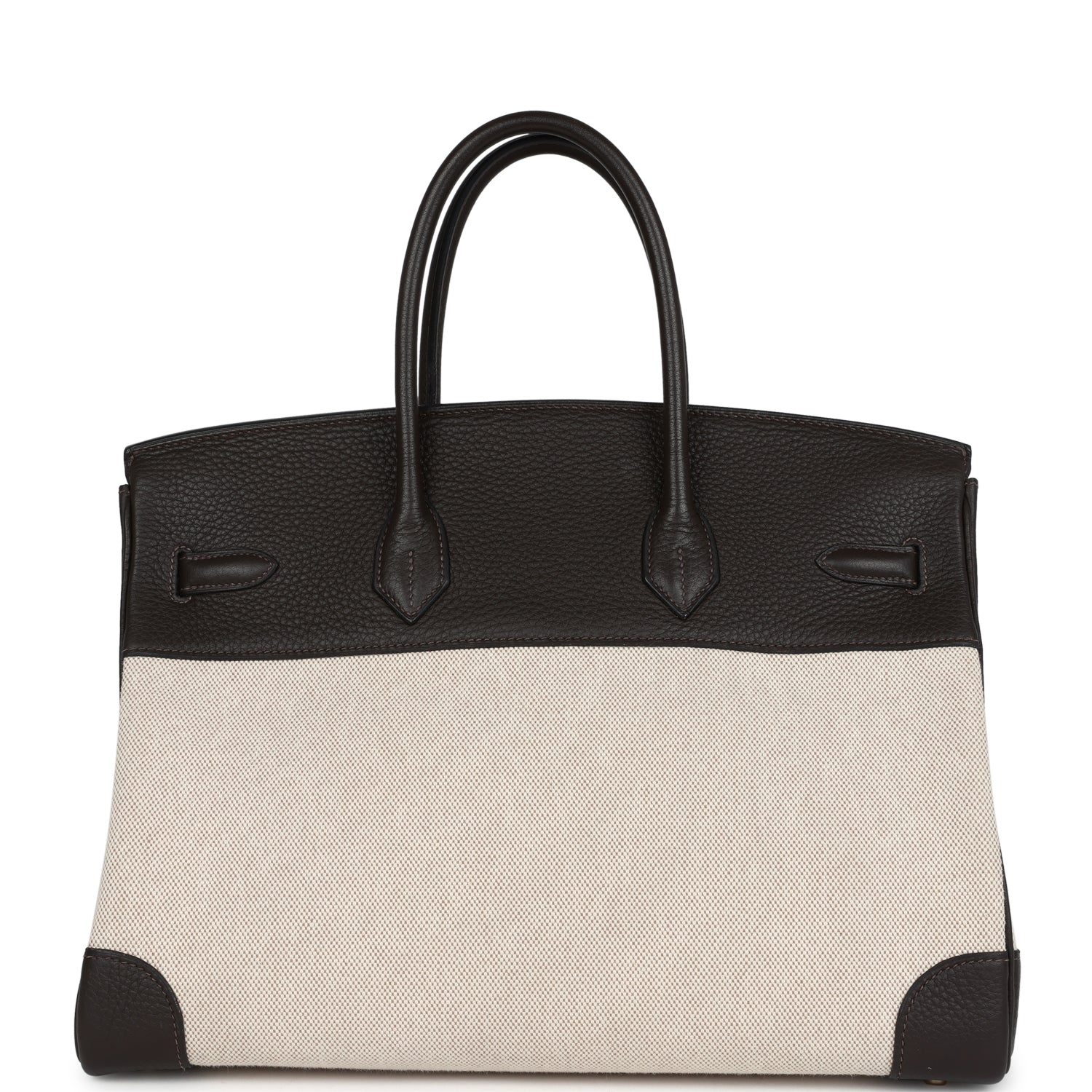 Pre-owned Hermes Birkin 35 Ebene Clemence and Ecru-Beige Toile H Canvas Gold Hardware