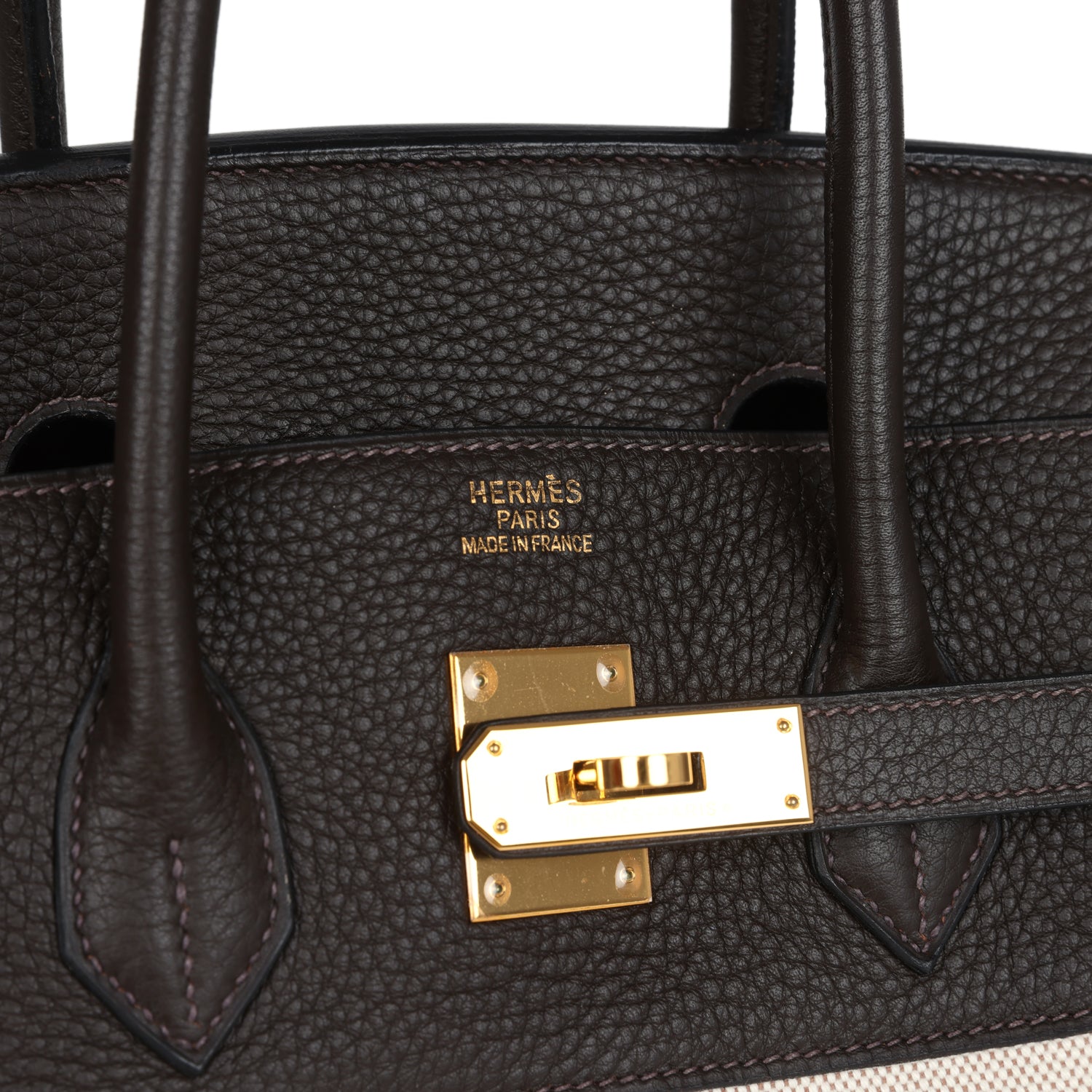 Pre-owned Hermes Birkin 35 Ebene Clemence and Ecru-Beige Toile H Canvas Gold Hardware