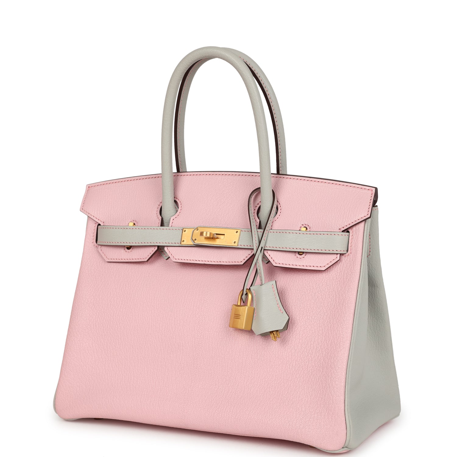 Pre-owned Hermes Special Order (HSS) Birkin 30 Rose Sakura and Gris Perle Chevre Brushed Gold Hardware