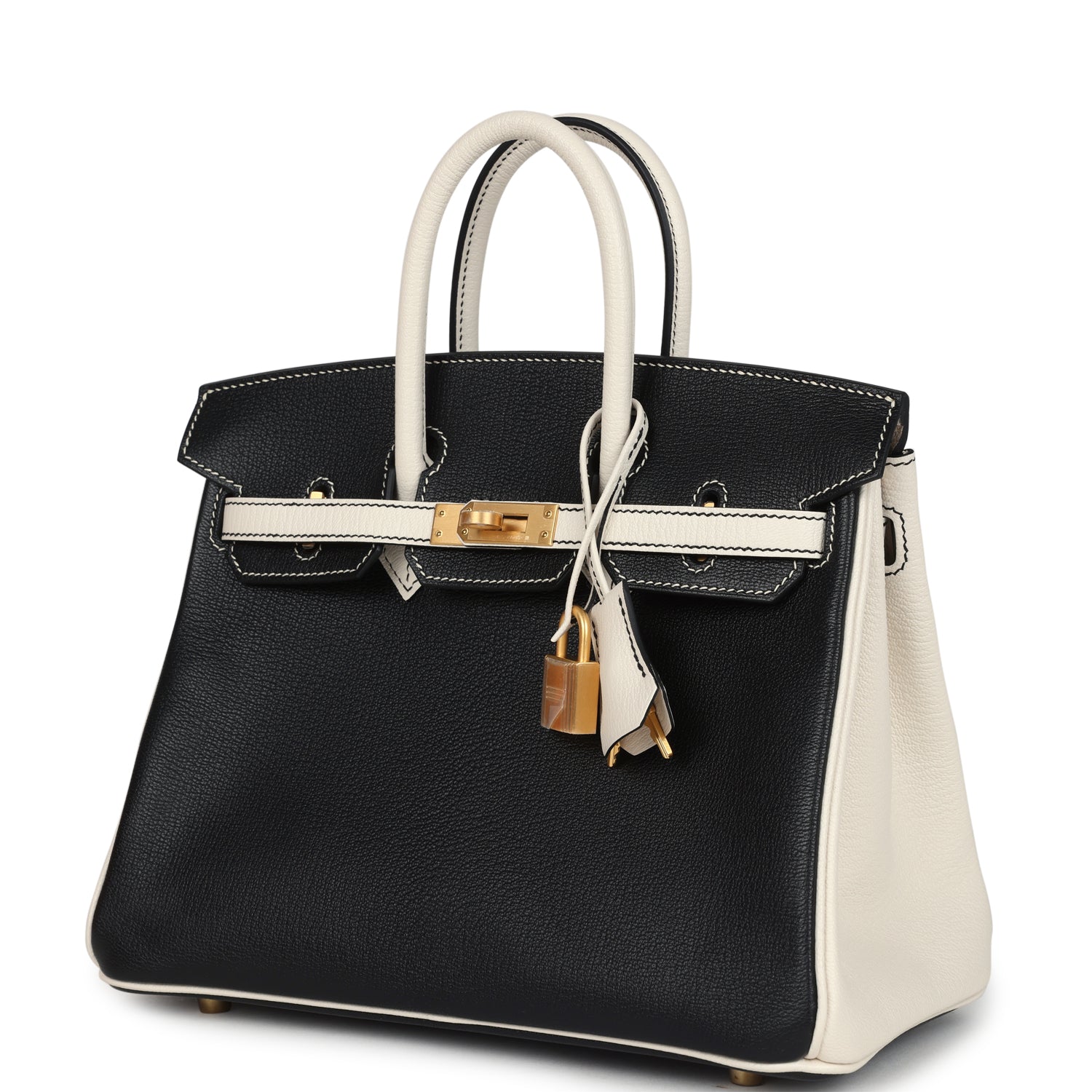 Hermes Special Order (HSS) Birkin 25 Bi-Color Black and Nata Chevre Mysore Brushed Gold Hardware