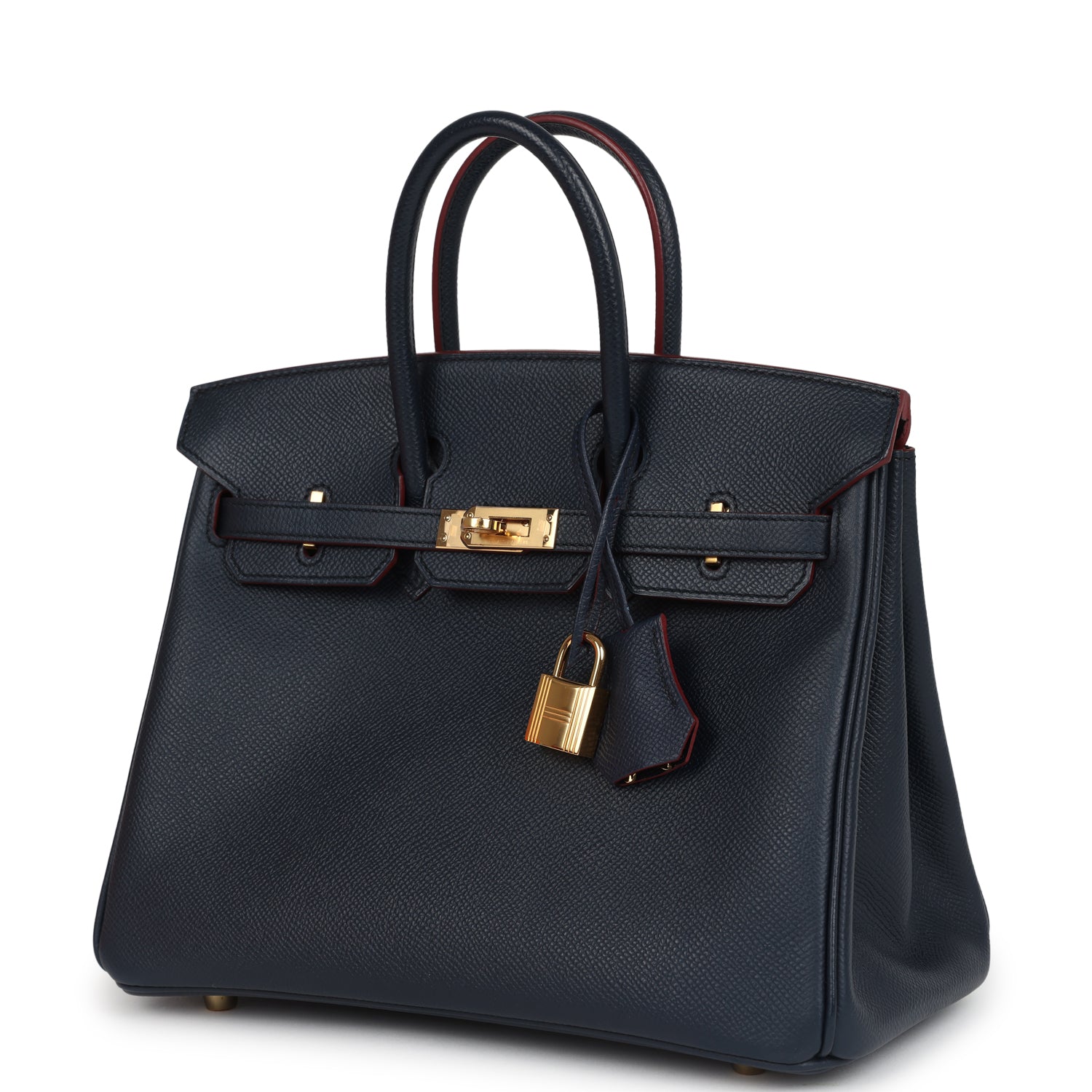 Pre-owned Hermes Birkin 25 Bleu Indigo and Rouge H Contour Epsom Gold Hardware