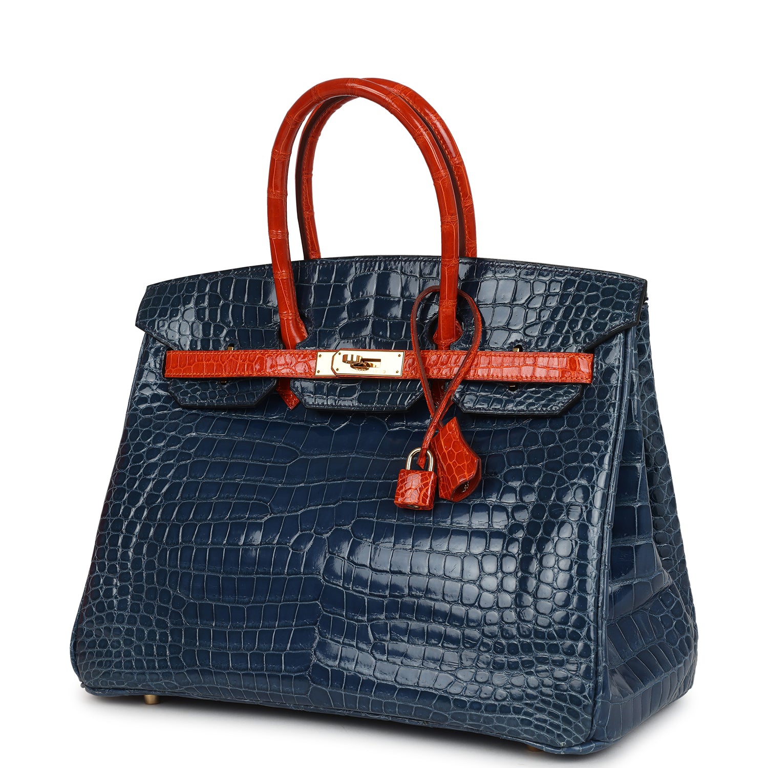 Vintage Hermes Birkin 35 Bleu Roi and Orange Shiny Porosus Crocodile Gold Hardware