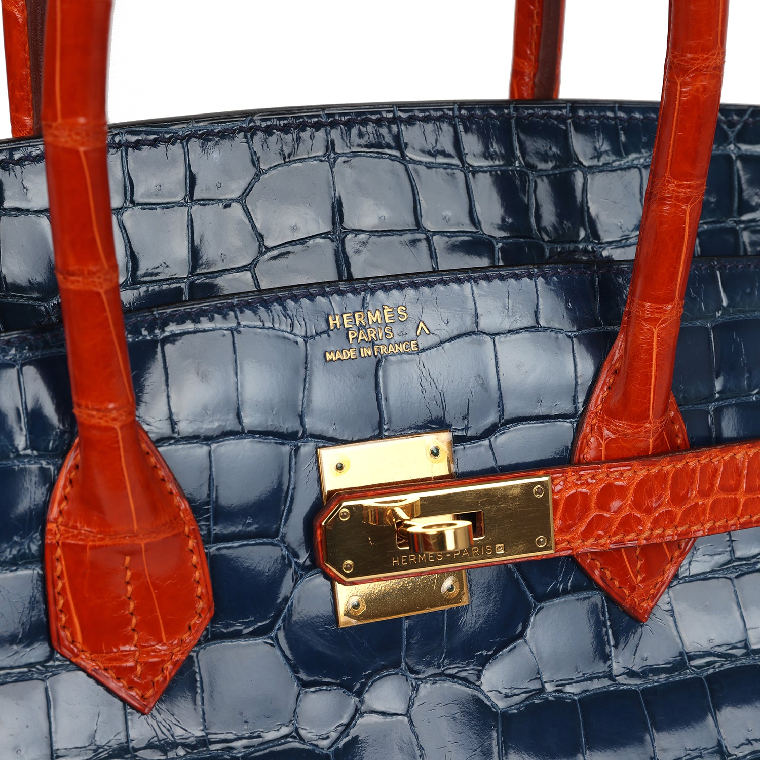 Vintage Hermes Birkin 35 Bleu Roi and Orange Shiny Porosus Crocodile Gold Hardware