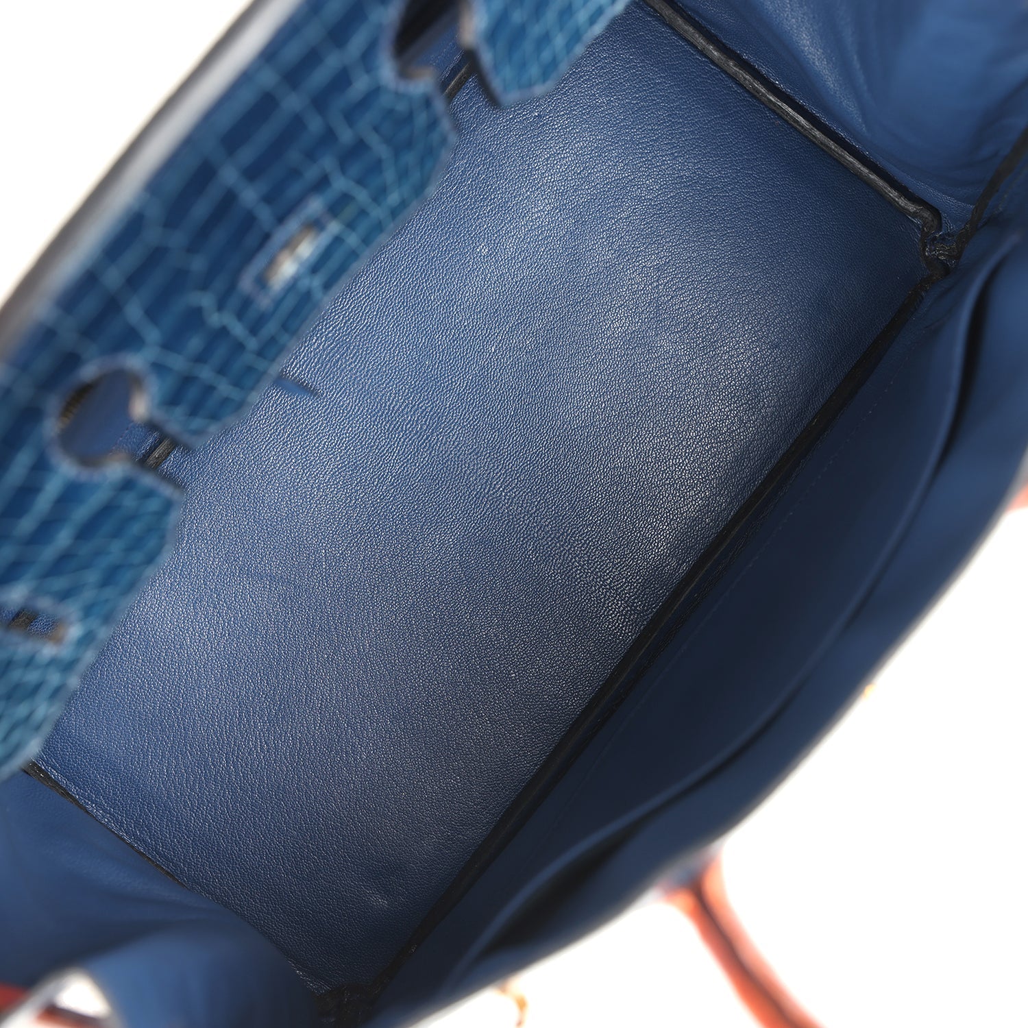 Vintage Hermes Birkin 35 Bleu Roi and Orange Shiny Porosus Crocodile Gold Hardware